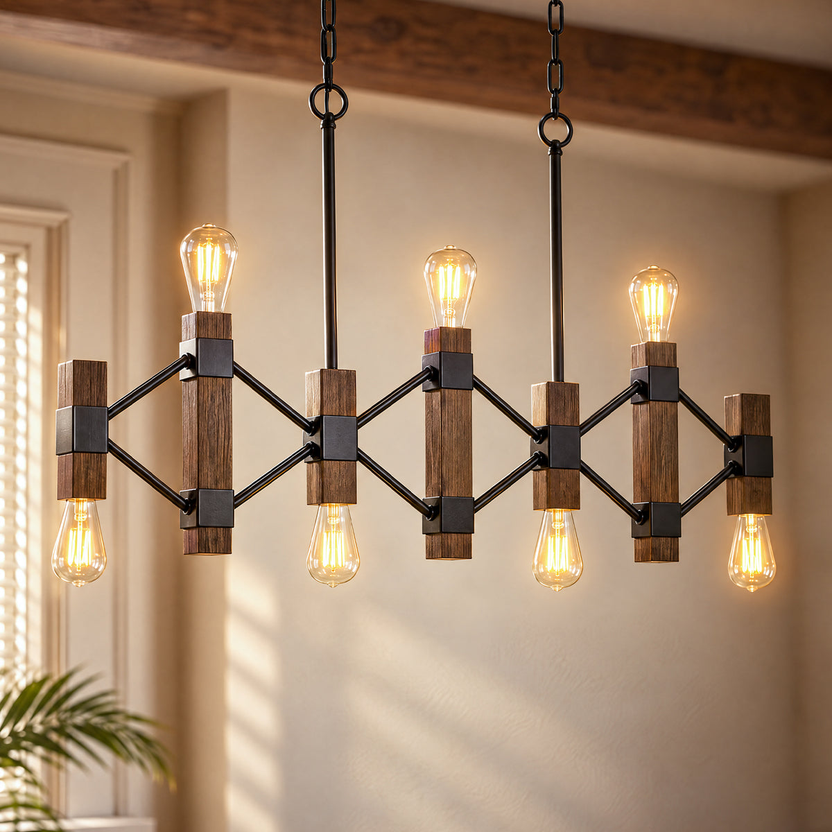 7-Light Farmhouse Linear Chandelier, Faux Wood Pendant Light with Black Metal
