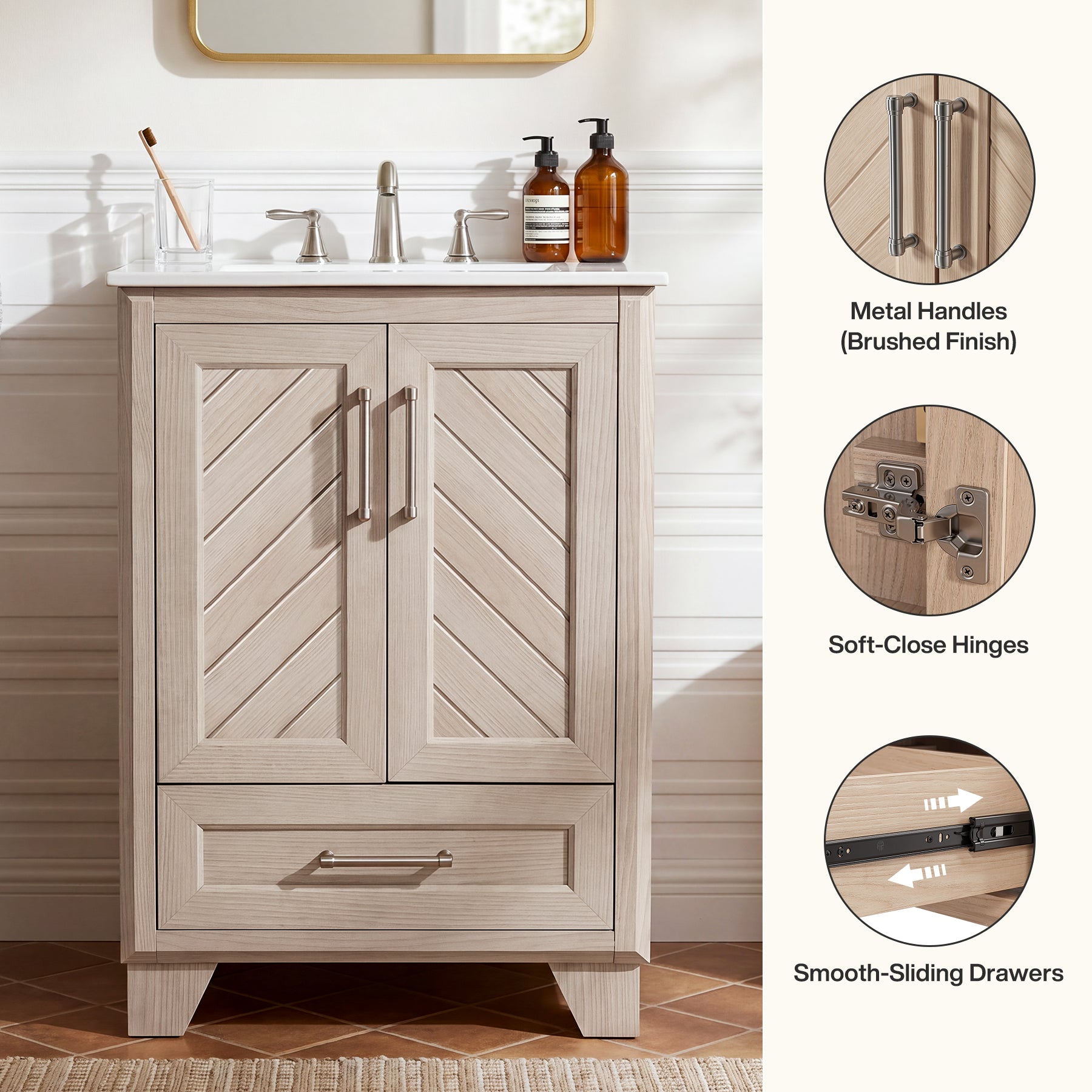 24" Bathroom Vanity, Modern Bathroom Cabinet with Sink & Carved Doors