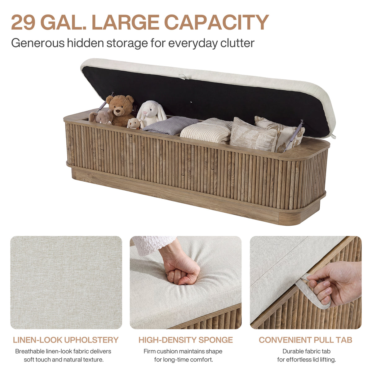 55" Lift Top Storage Bench, Ottoman End of Bed Bench with Cushion & Safety Hinge