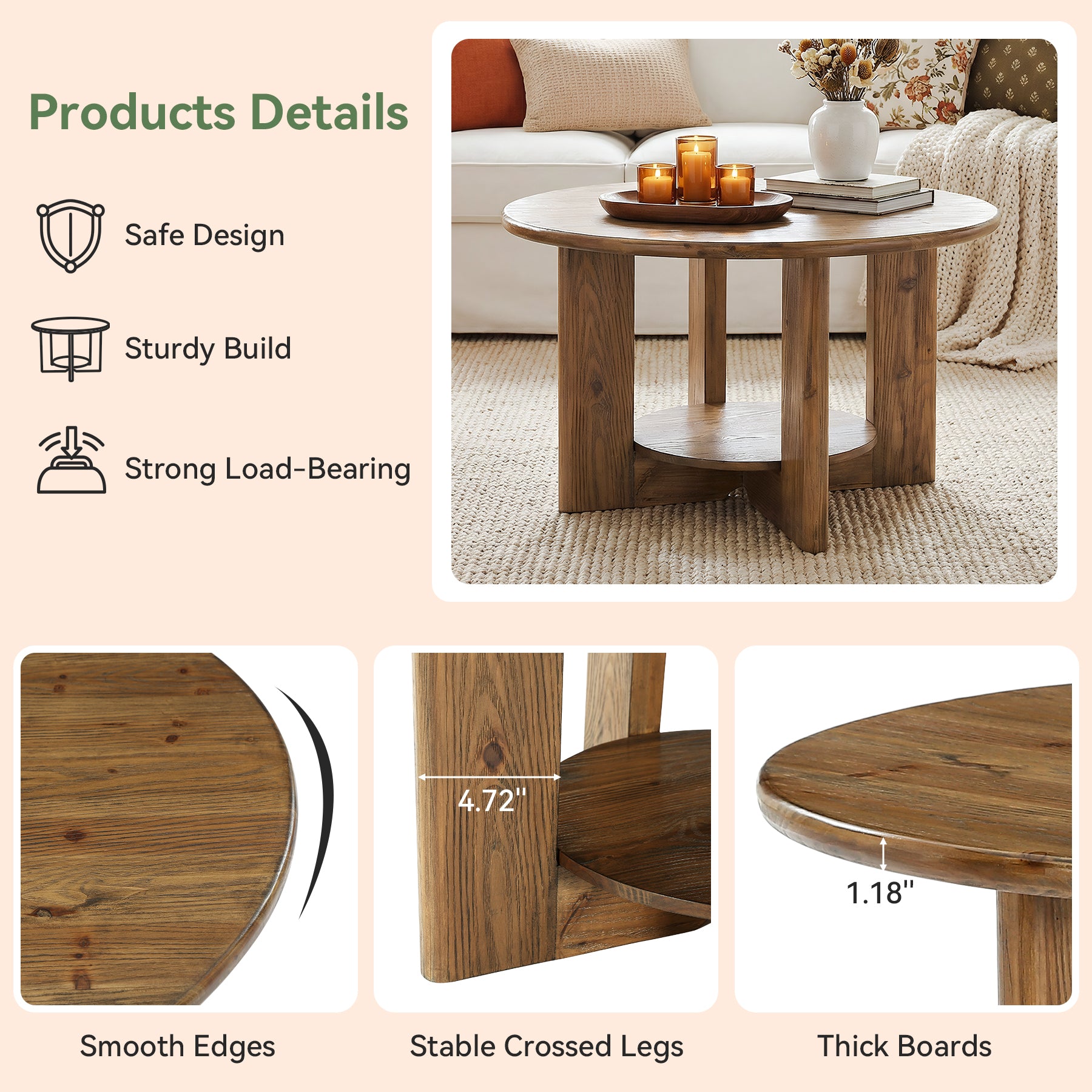 Solid Wood Round Coffee Table, 2-Tier Accent Center Table with Storage
