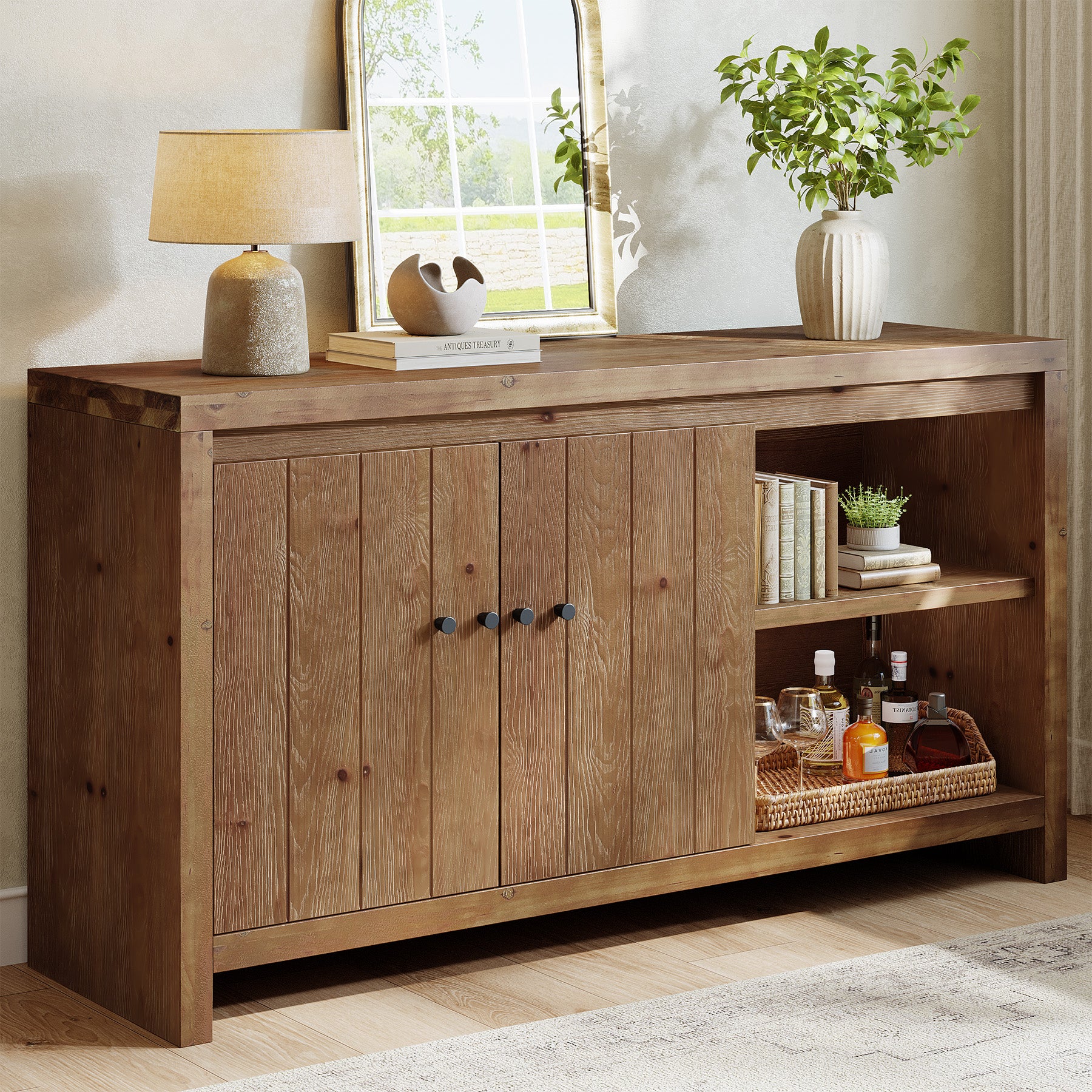 Solid Wood Buffet Sideboard, 55" Storage Cabinet with 2 Doors & Adjustable Shelves