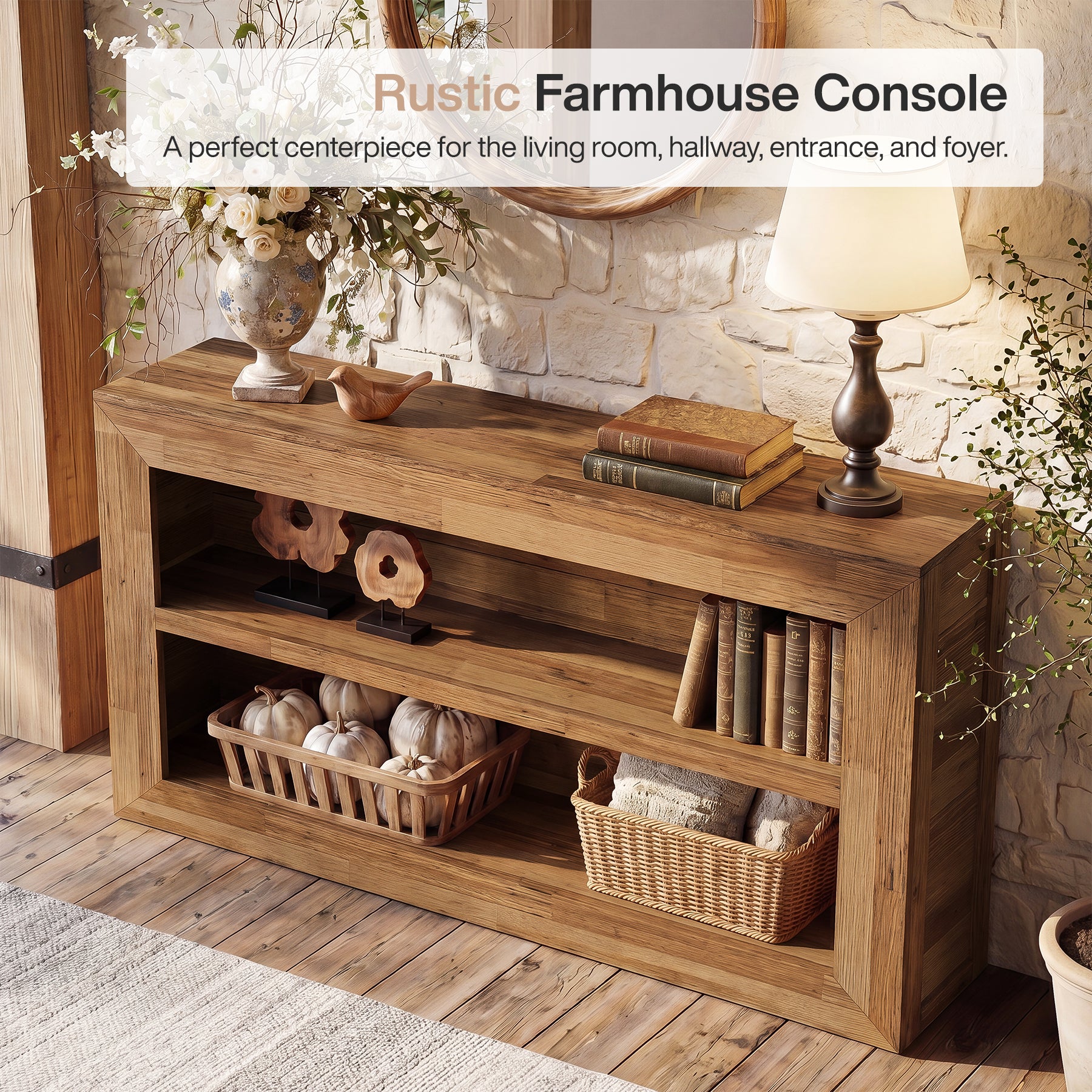63-Inch Wooden Console Table, Narrow Entryway Table with 2-Tier Open Storage for Hallway