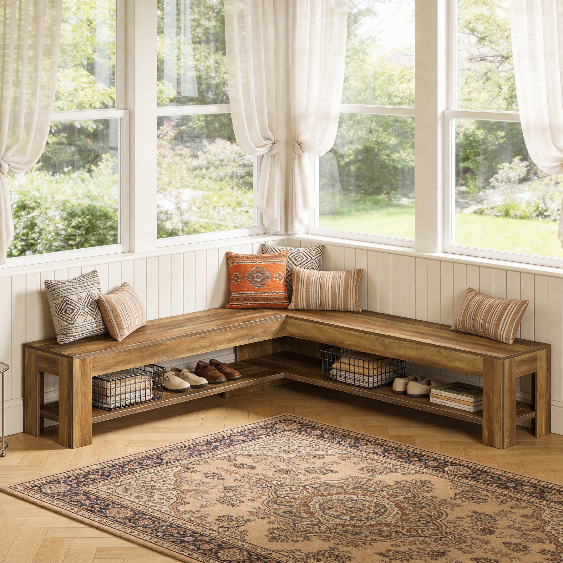 L-Shaped Bench, Corner Dining Nook Bench with Storage Shelf for Kitchen, Living Room