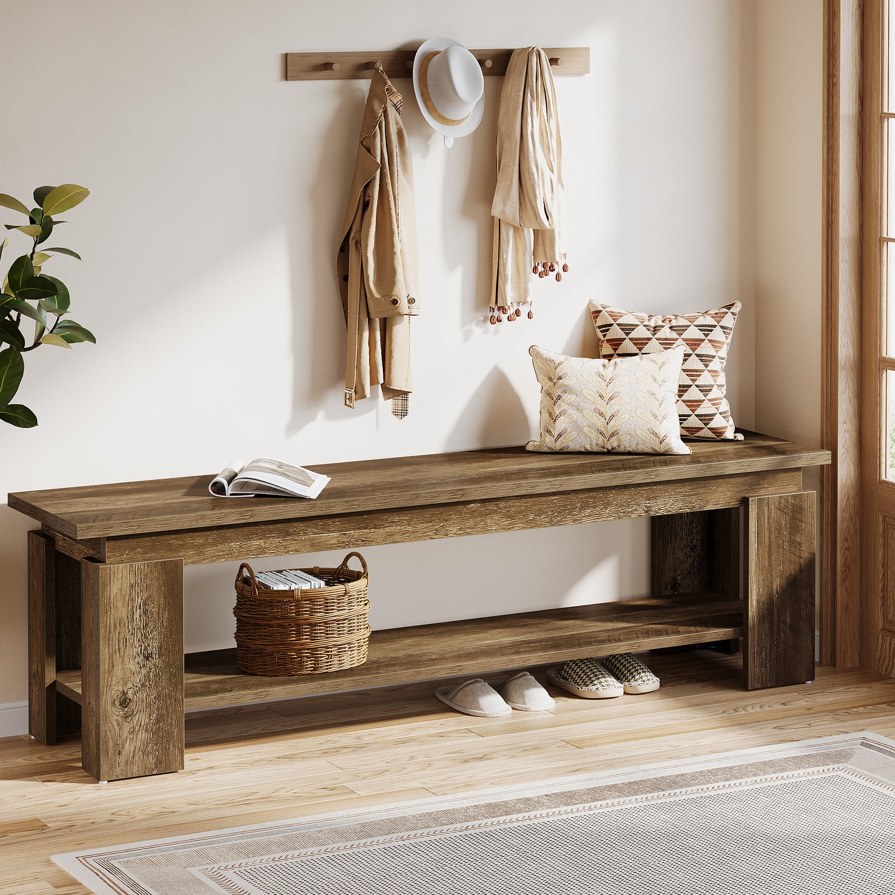63" Entryway Bench, Farmhouse Shoe Bench End of Bed Bench with Storage Shelf