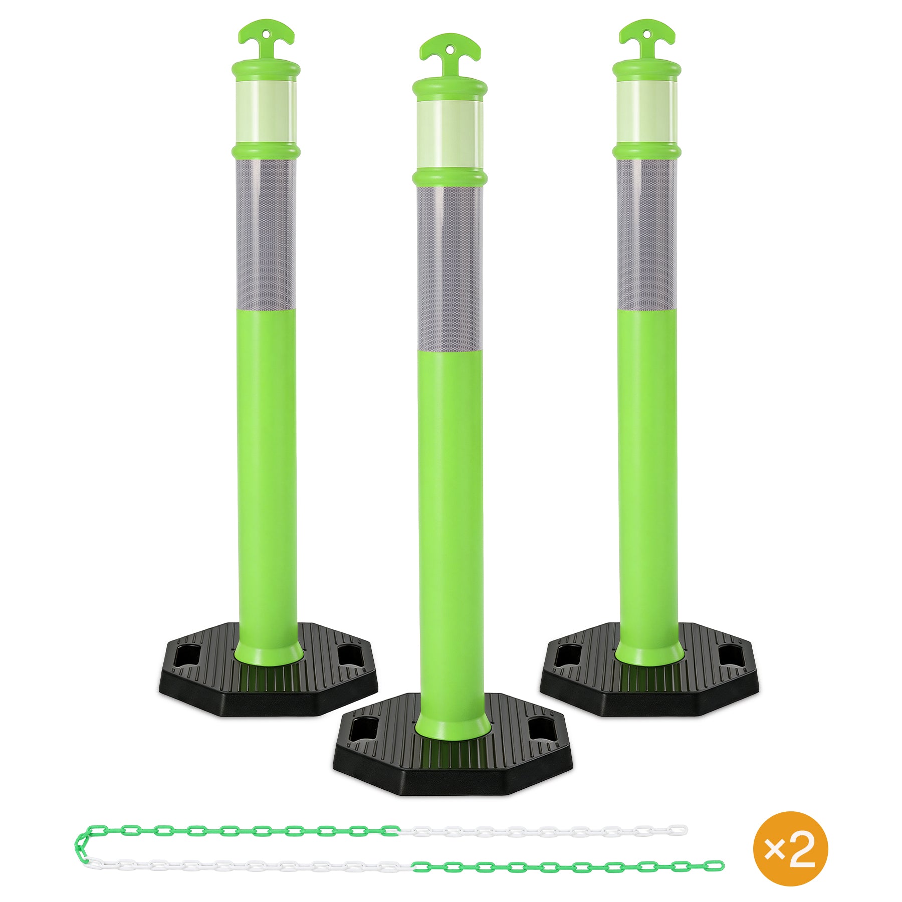 45" Reflective & Glow-in-the-Dark Traffic Delineator Posts with Heavy Rubber Base & Connecting Chains