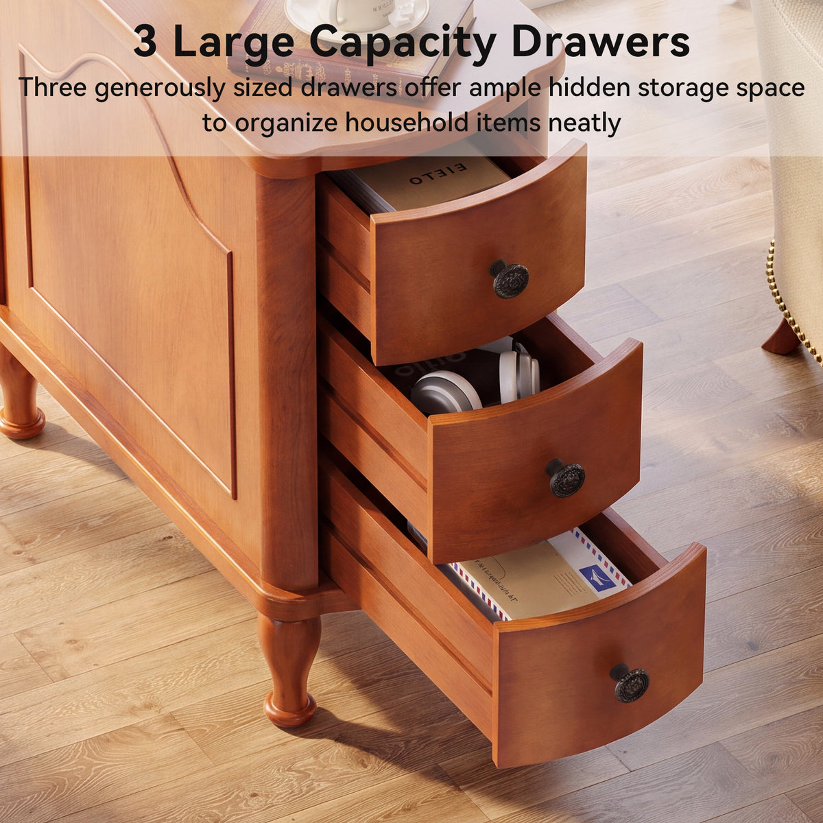 25.78 Inch Solid Wood End Table with 3 Drawers, Vintage Narrow Side Table