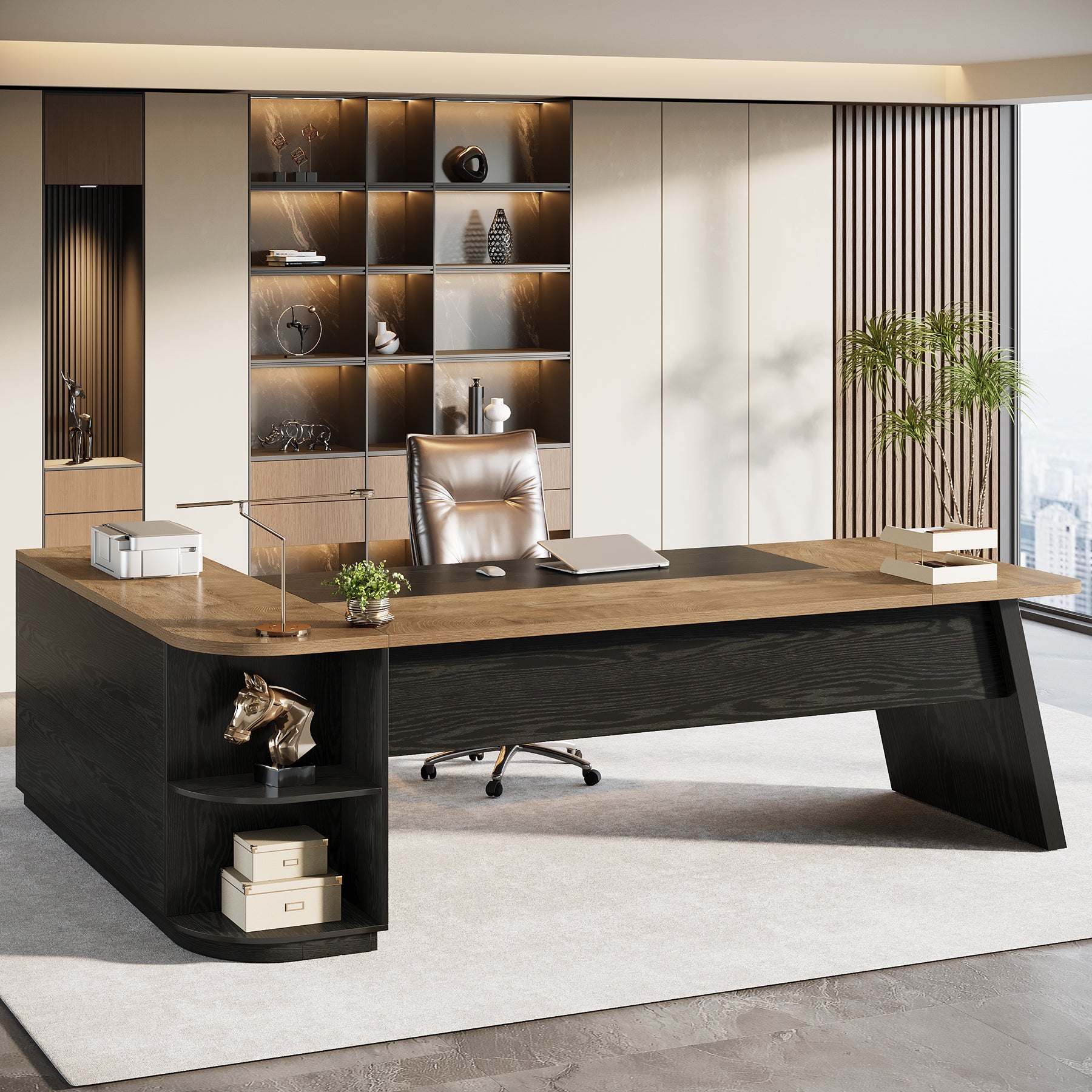 79" Executive Desk, L-Shaped Office Compter Desk with Cabinet for Home Office