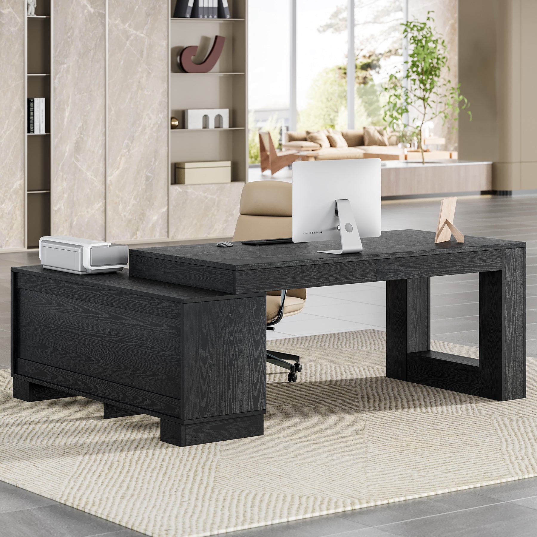 63" Computer Desk, L-shaped Executive Desk with Storage Cabinets