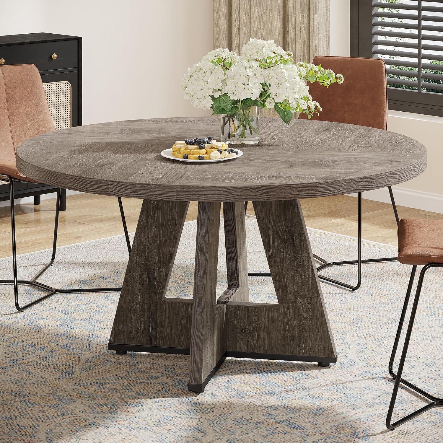 47-Inch Round Farmhouse Dining Table for 4–6 with Cross-Style Pedestal Base
