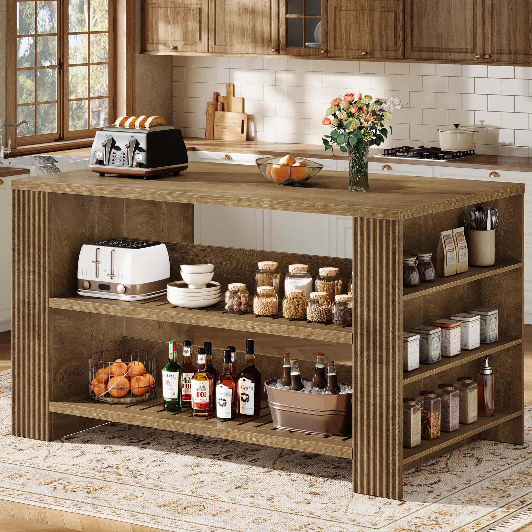 59" Kitchen Island, Large Storage Islands Coffee Unit with Shelves