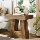 2-Tier Nightstand, Wooden Bedside Table with Trapezoid Base 3