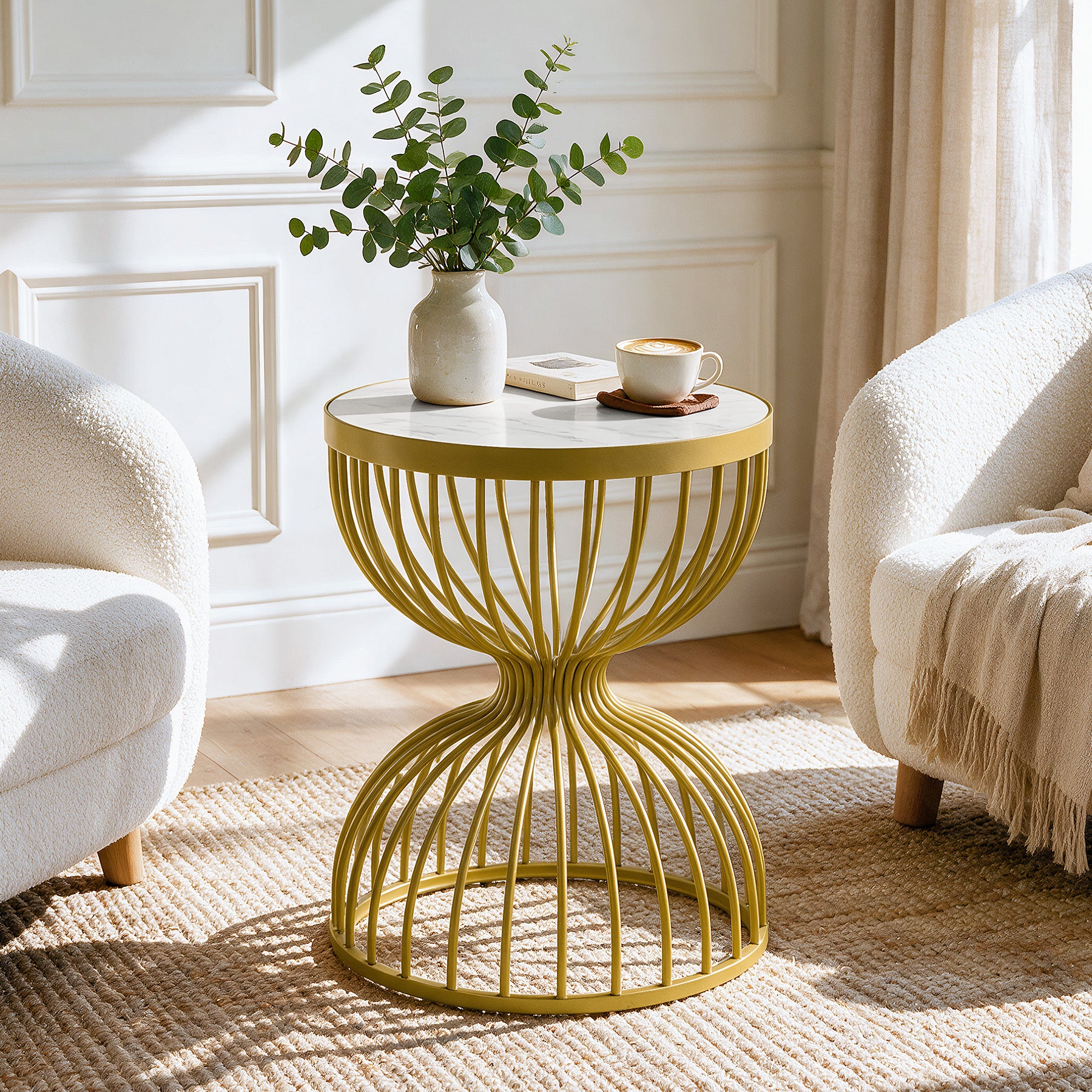 Hourglass Round End Table, Modern Accent Side Table with Faux Marble Top & Metal Frame