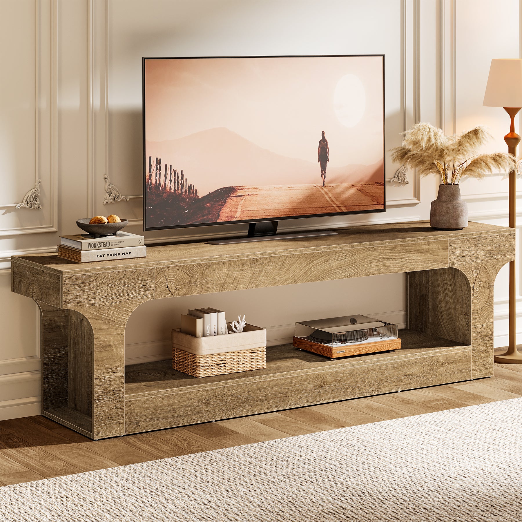 63” Farmhouse TV Stand for 55–75 Inch TVs, Entertainment Center with 2-Tier Open Storage Shelves