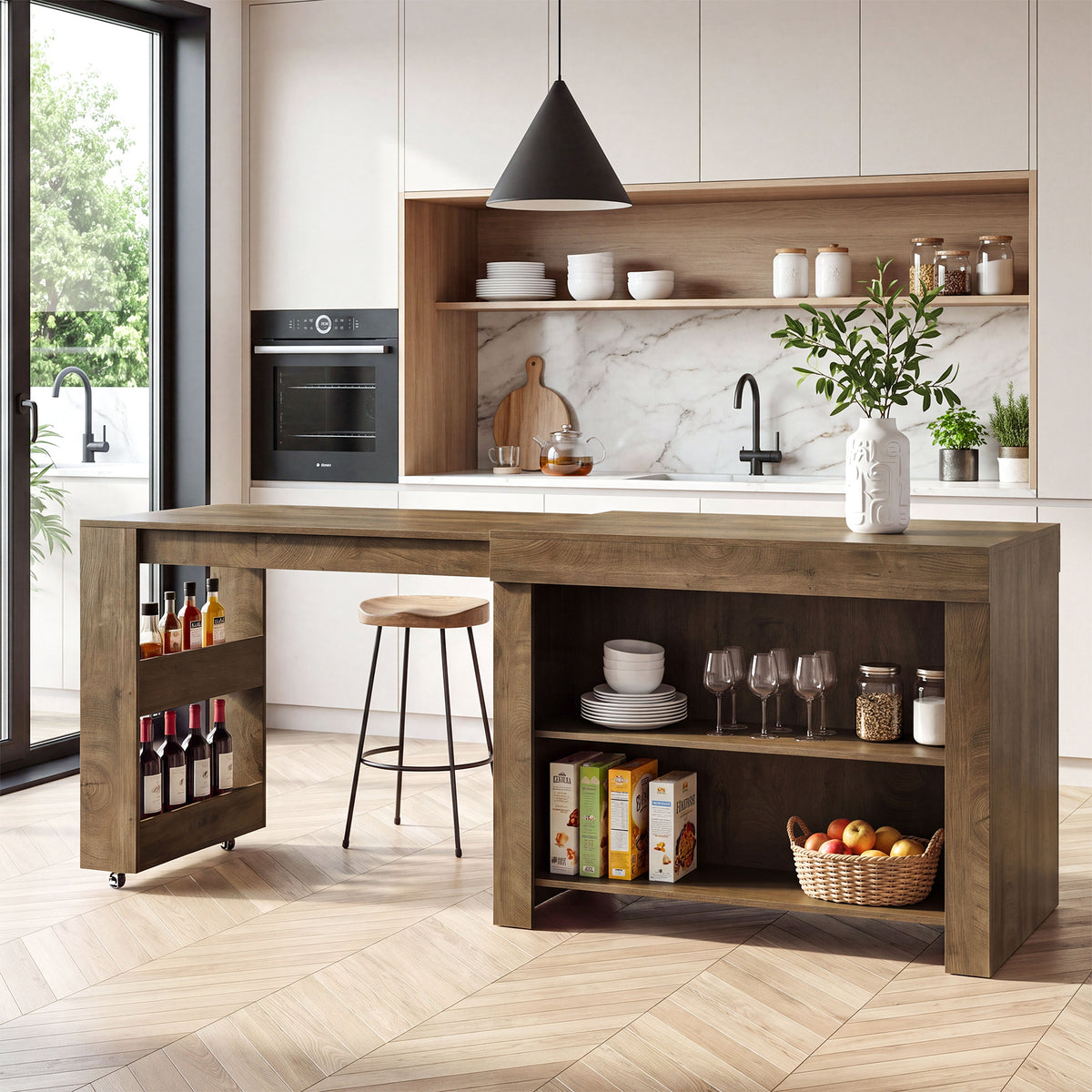 47-85" Extendable Kitchen Island for 2-4, Stationary Storage Island with Open Shelves