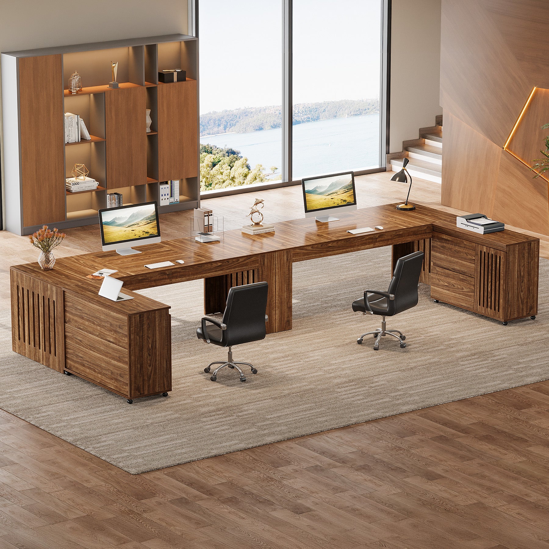 L-Shaped Executive Desk, 70.86" Computer Office Desk with 39.37" Mobile File Cabinet