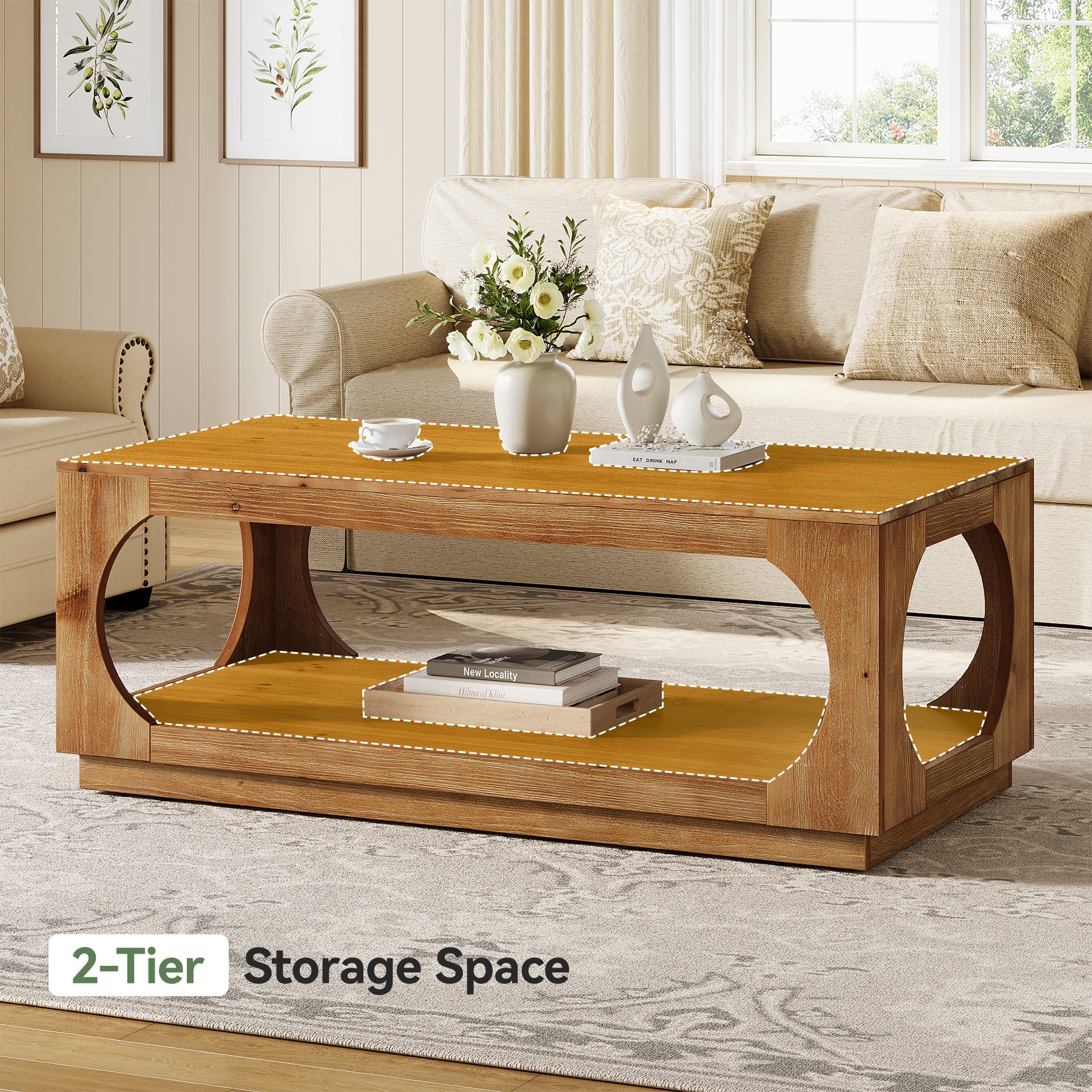 2-Tier Solid Wood Coffee Table, 47.2