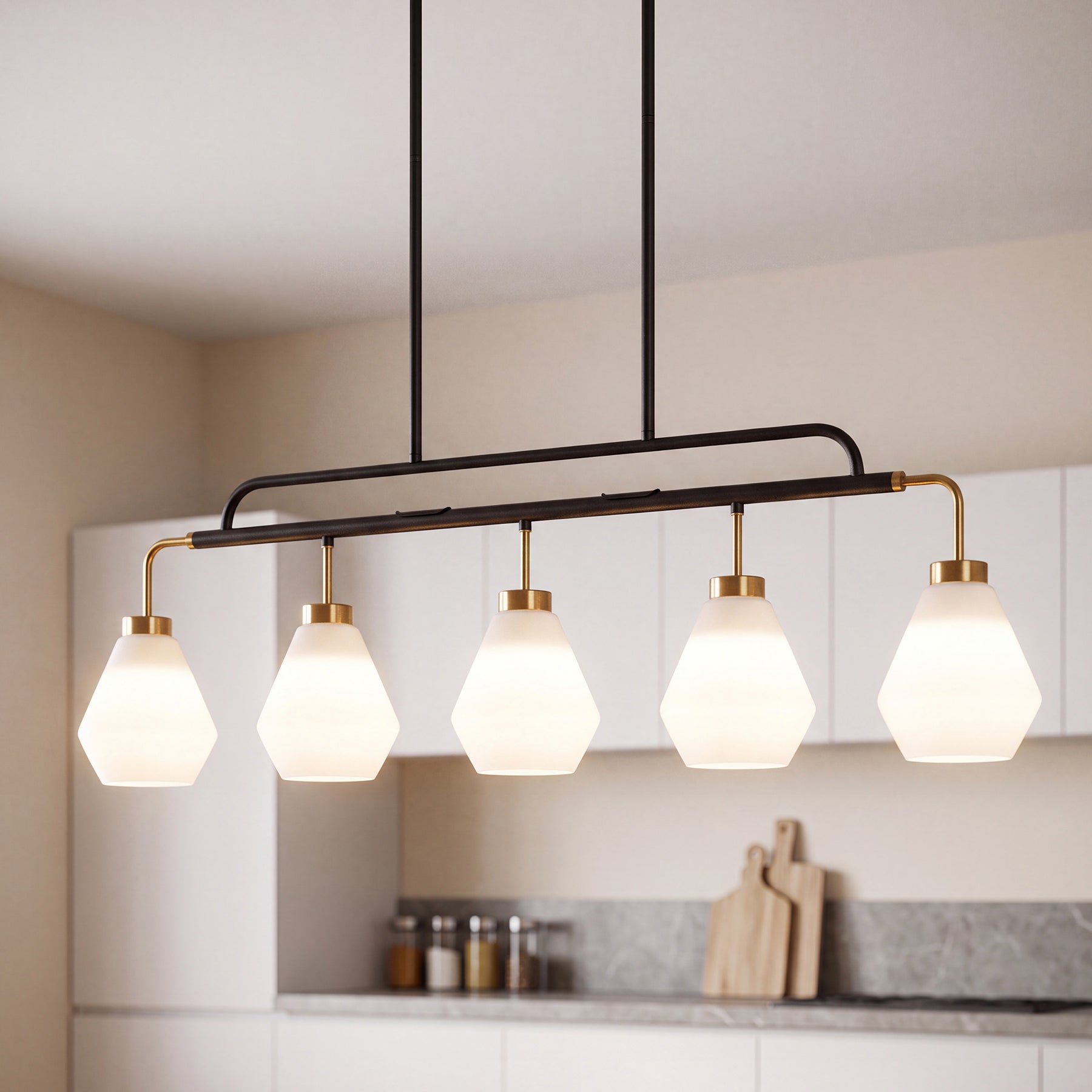 5-Light Pendant Light, Adjustable-Height Kitchen Island Light with Frosted White Glass, E26 Base