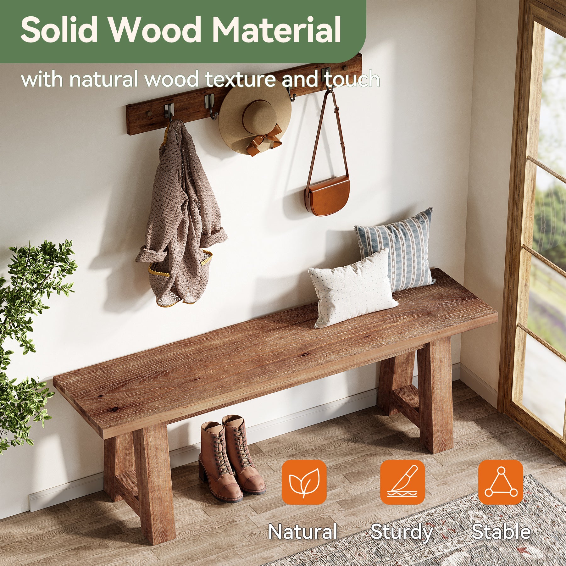 55" Solid Wood Bench, Farmhouse Shoe Entryway Bench for Living Room