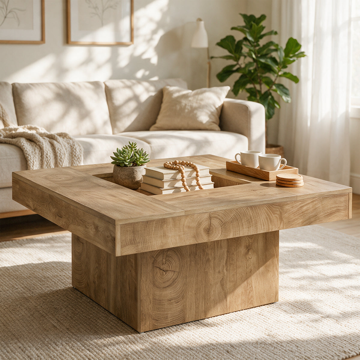 39" Square Farmhouse Coffee Table, Hollow Center Design, Wooden Pedestal Base