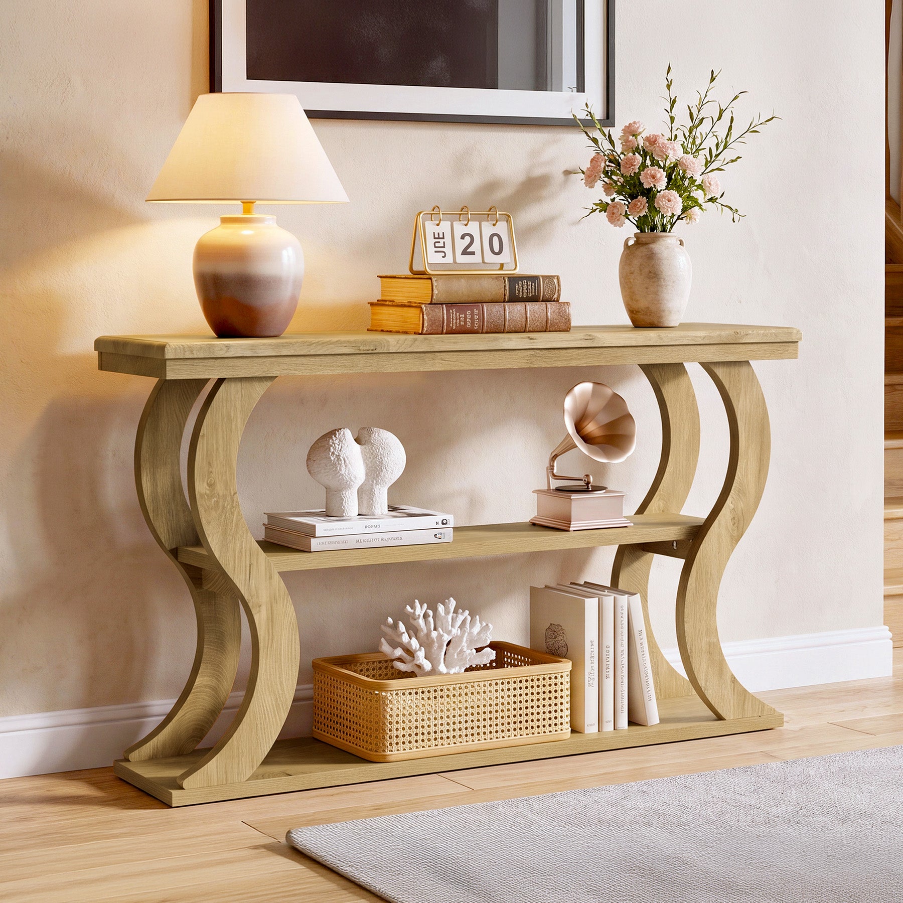 55" Console Table, Farmhouse Entryway Table Sofa Tables with 3-Tier Storage