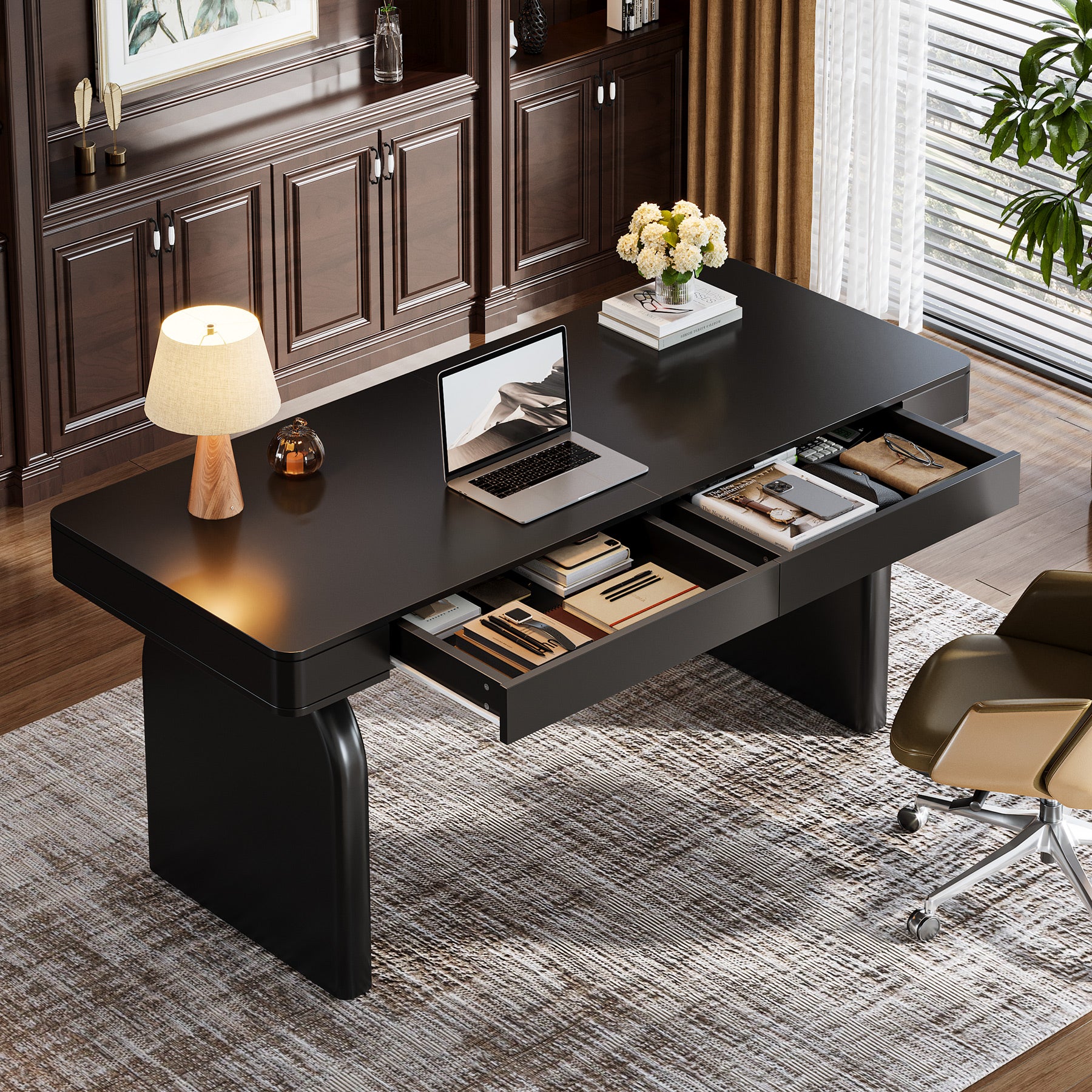 63" Executive Desk, Modern Office Computer Desk with 2 Storage Drawers