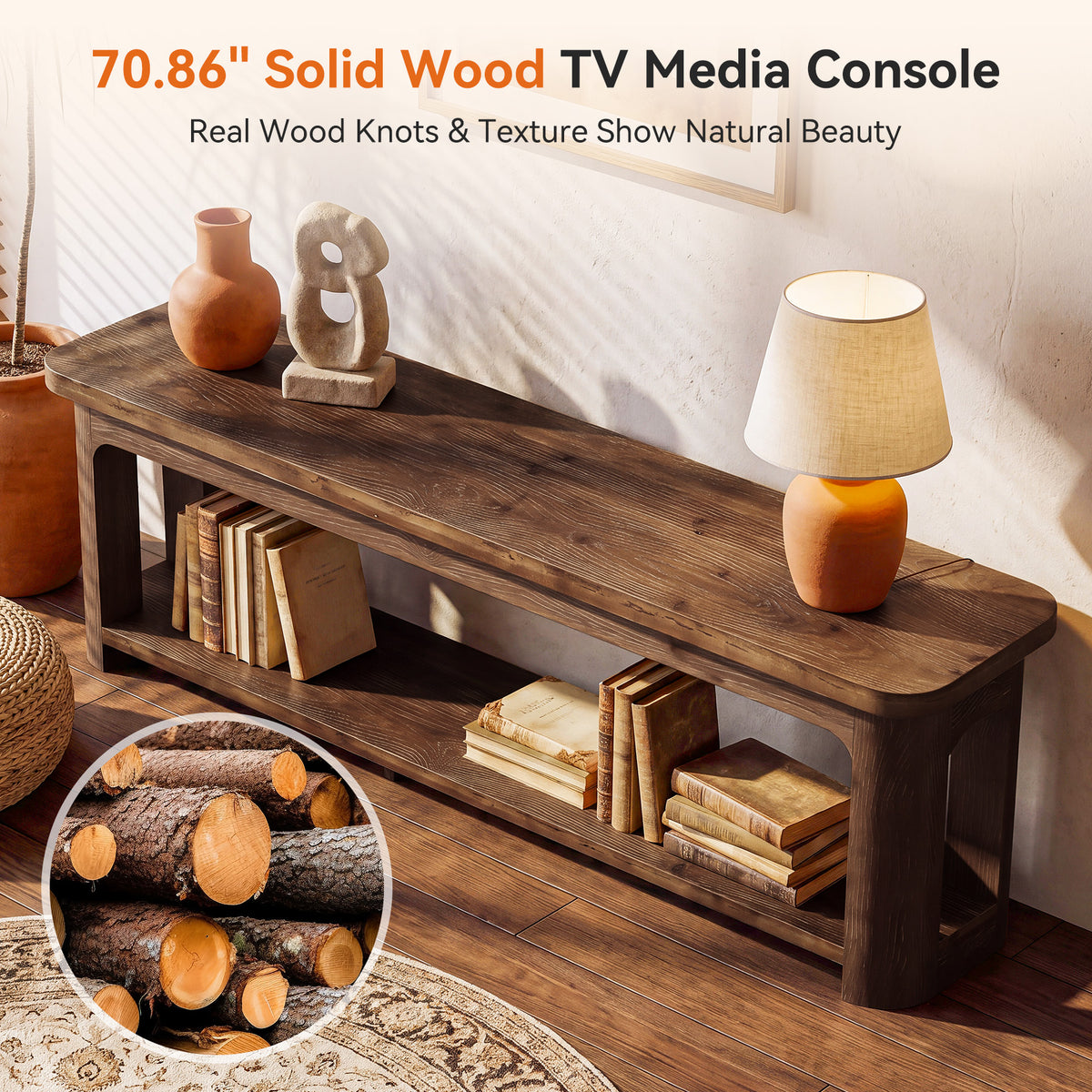 71 Inch Solid Wood TV Stand with Open Storage Shelf, Farmhouse Media Console for Living Room