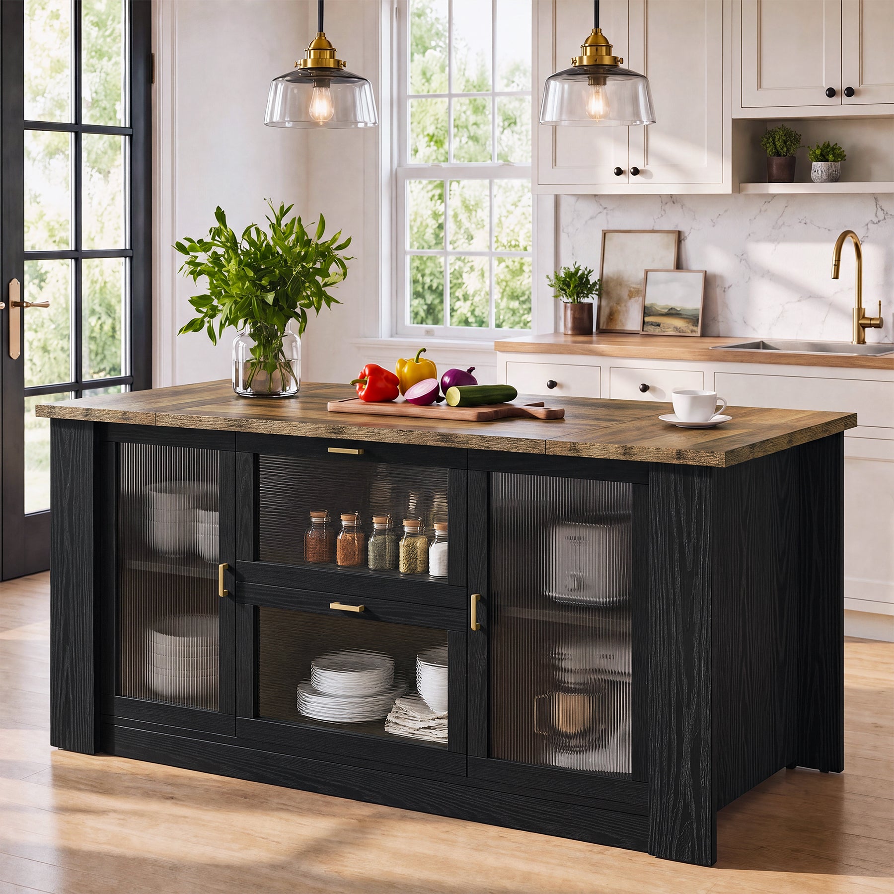 71" Kitchen Island with Seating, 2 Drawers & Storage Cabinets, Counter Height