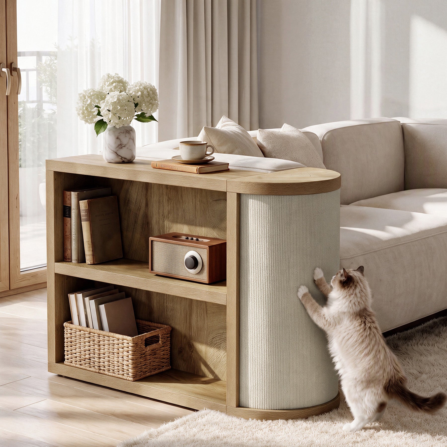 3-Tier End Table, Narrow Sofa Side Table with Reversible Cat Scratcher for Living Room