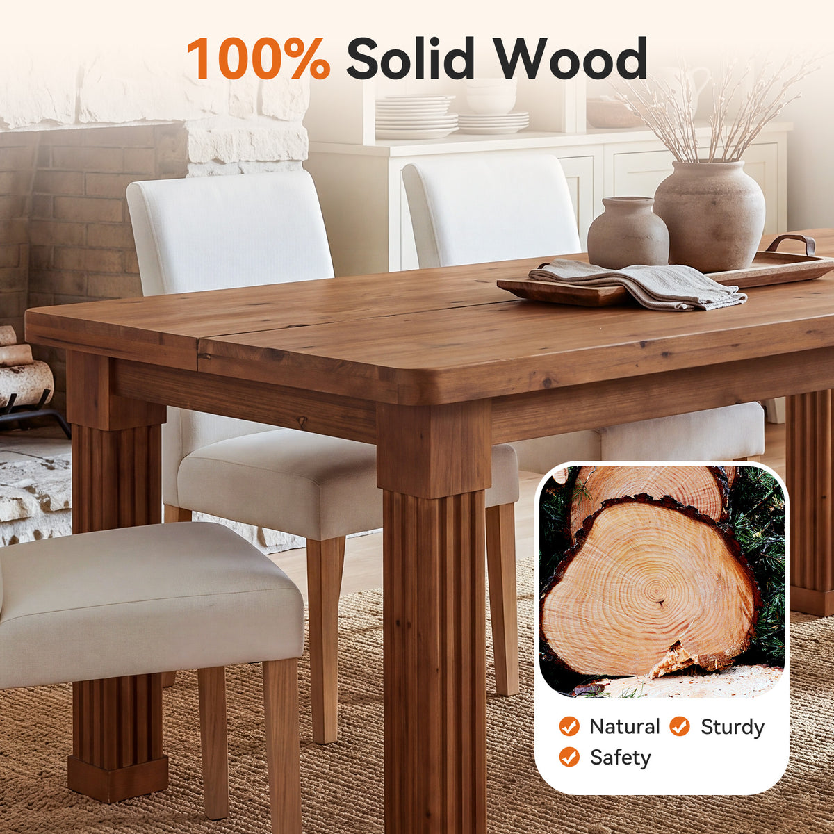 63" Farmhouse Solid Wood Dining Table for 4-6, Fluted Legs