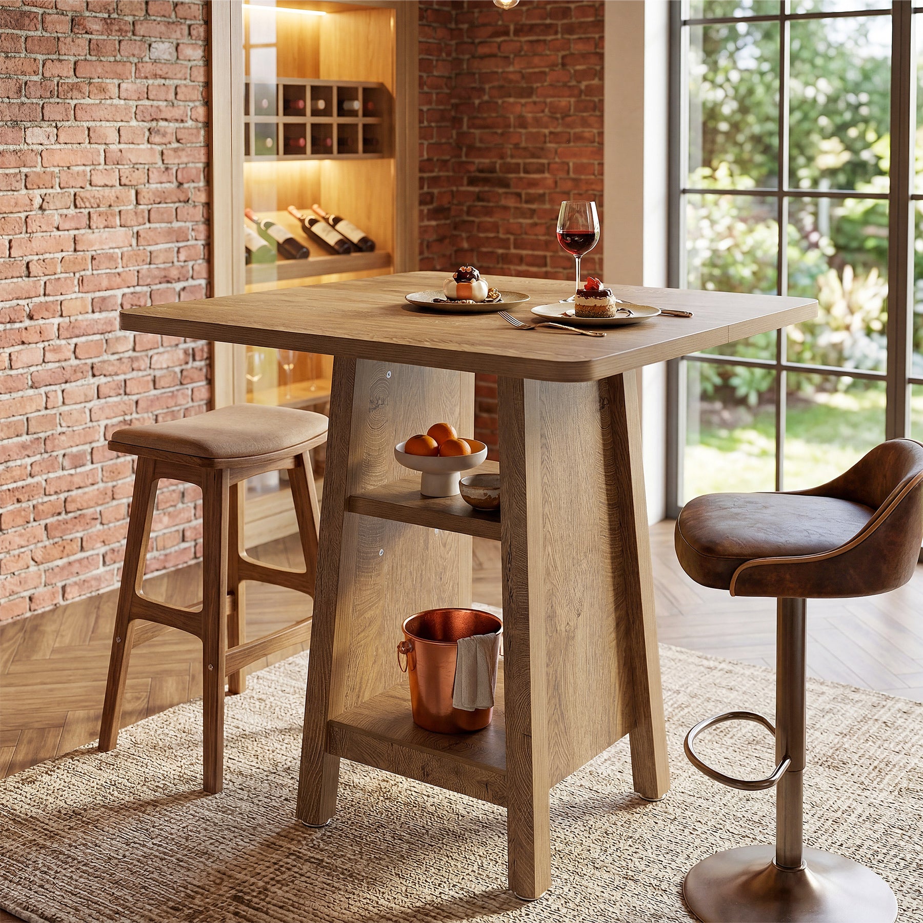 Square Bar Table with Storage, 35.4" H Pub Bar Table with 2 Open Shelves