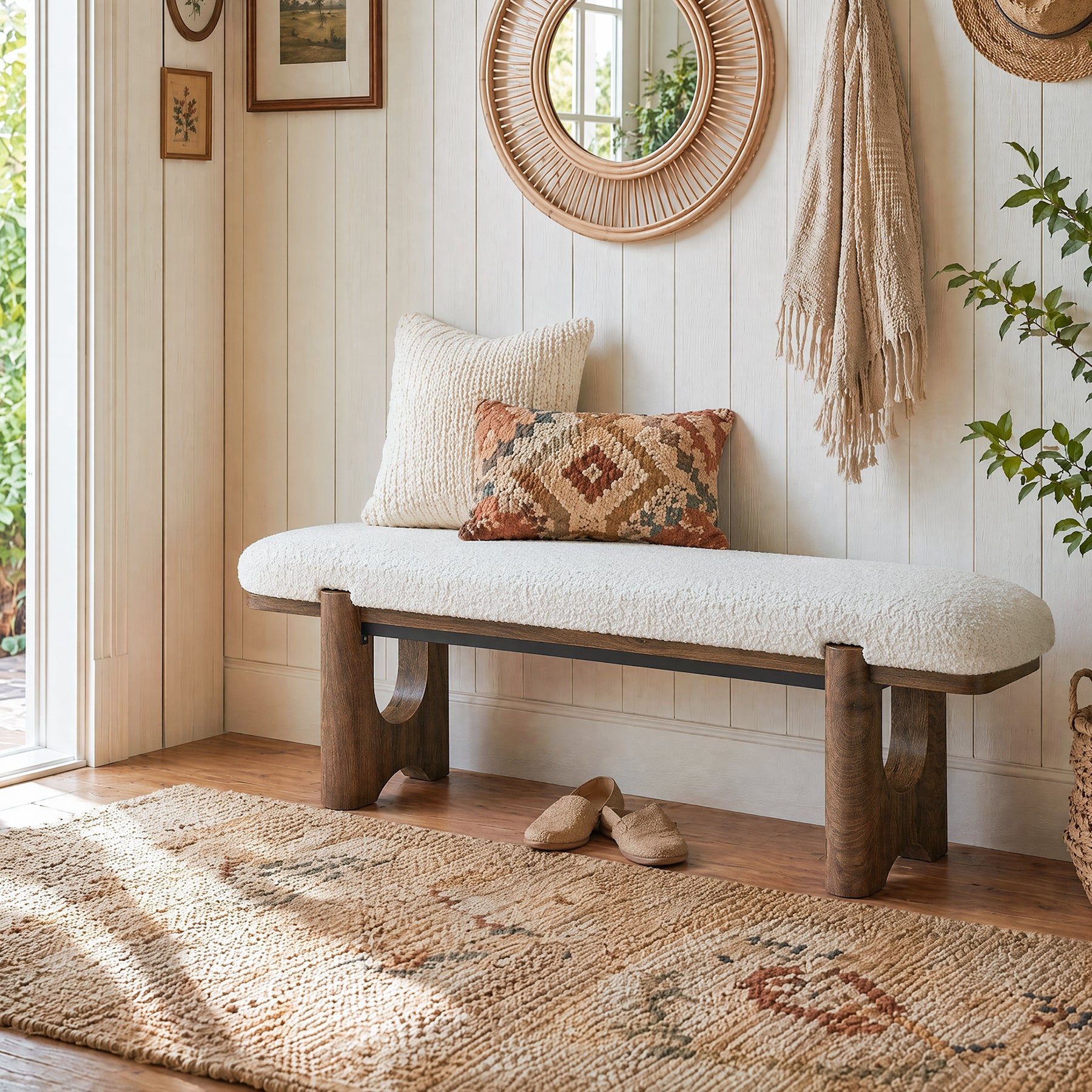 63" Upholstered Entryway Bench with Faux Shearling Cushion, Modern Farmhouse Shoe Bench