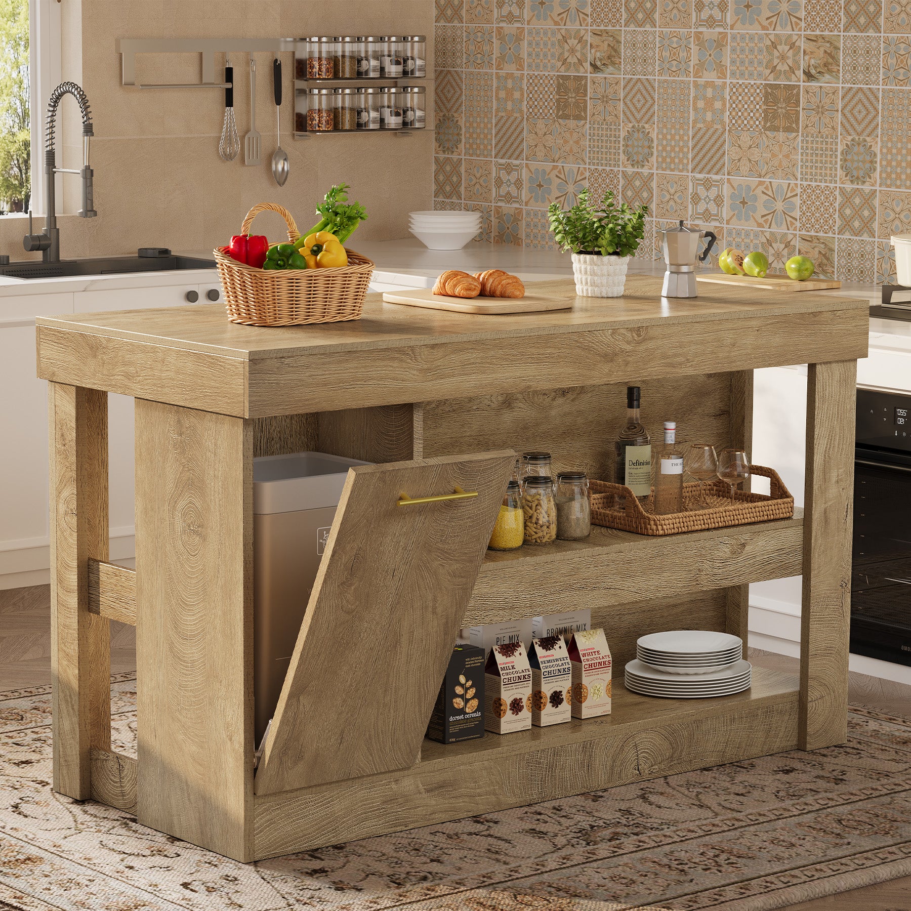 55" Kitchen Island with Trash Storage Cabinet, Farmhouse Island Table with 2-Tier Shelf