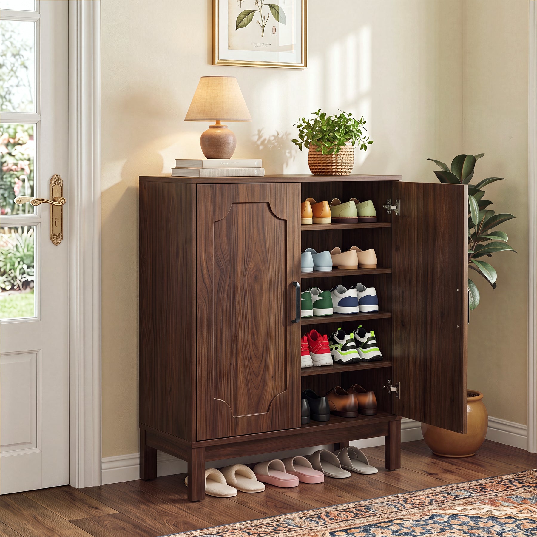 5-Tier Shoe Cabinet, Farmhouse Shoe Storage Organizer with Doors & Adjustable Shelves
