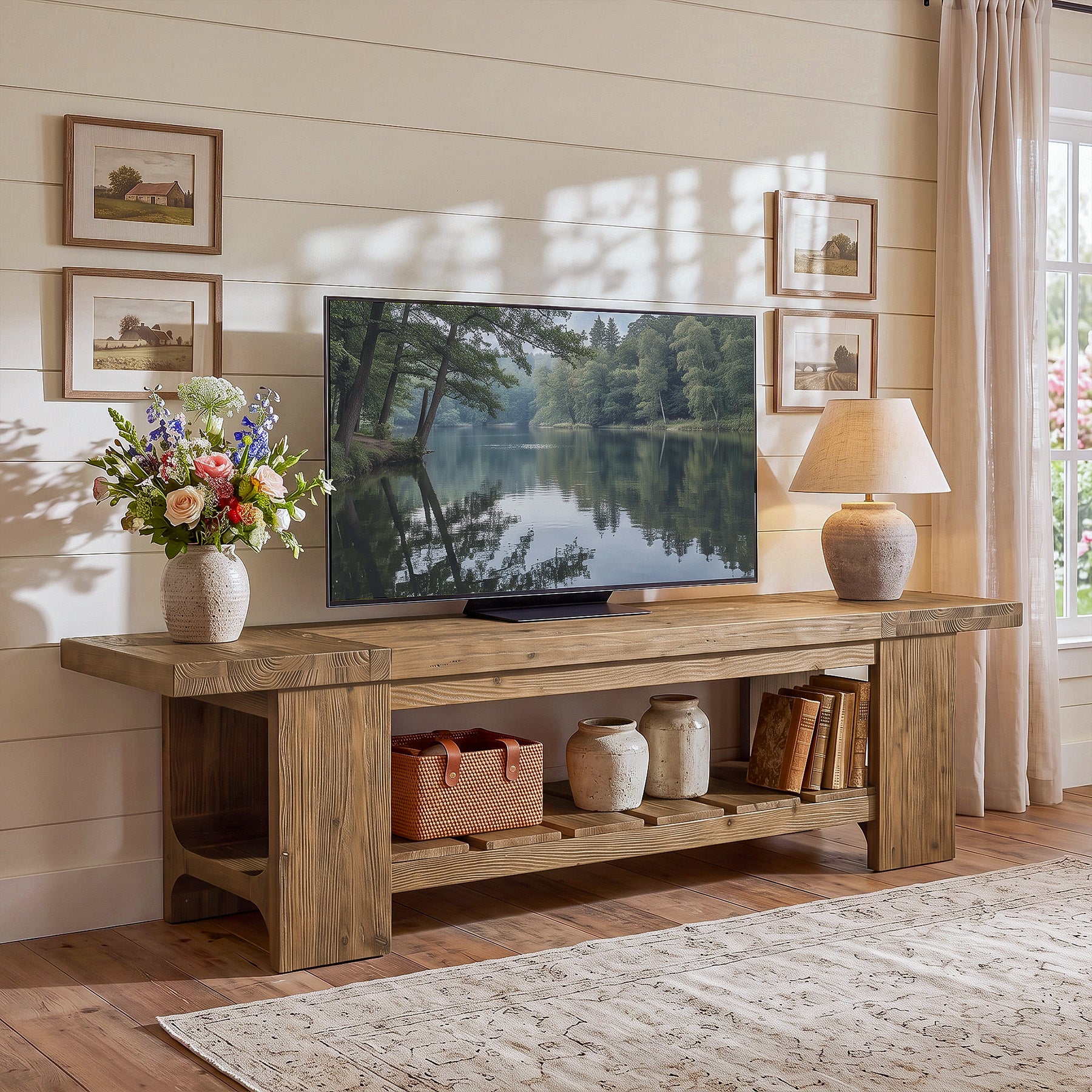 70.9" Solid Wood  TV Stand, Media Console with with Lower Storage Shelf for Living Room