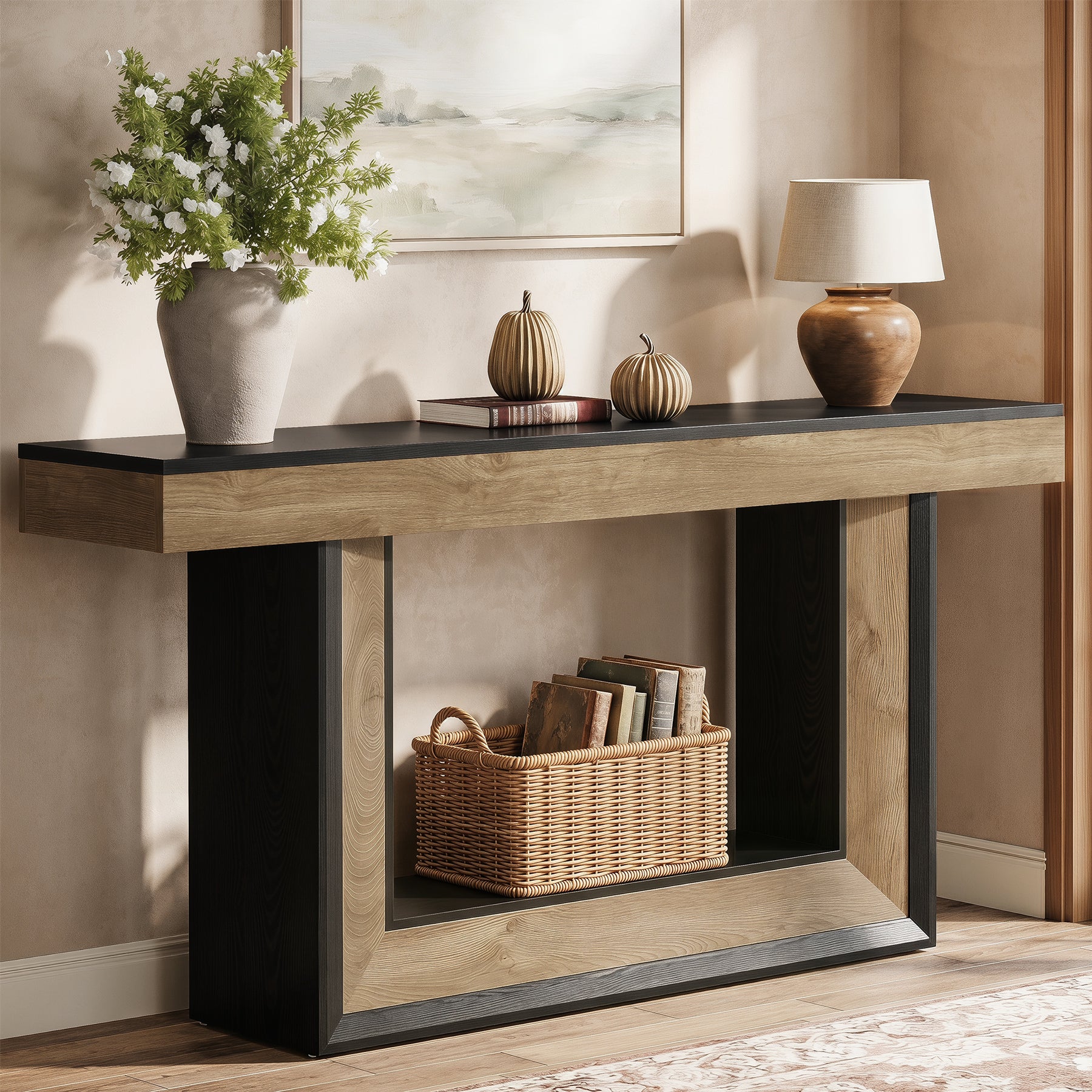 63" Console Table with U-Shaped Base, 2-Tier Narrow Sofa Table for Entryway