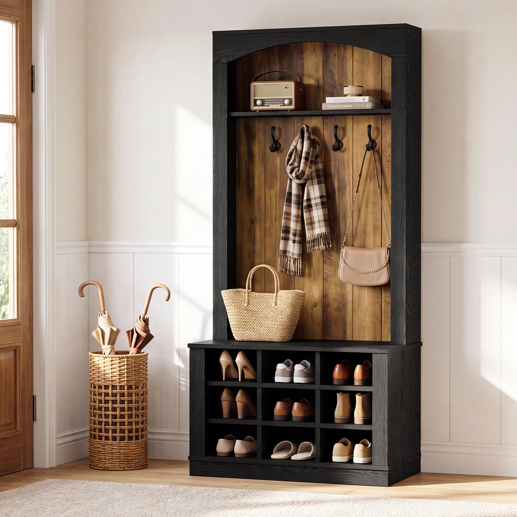 70.8" Tall Hall Tree, 4-in-1 Entryway Tree with Bench and Shoe Storage