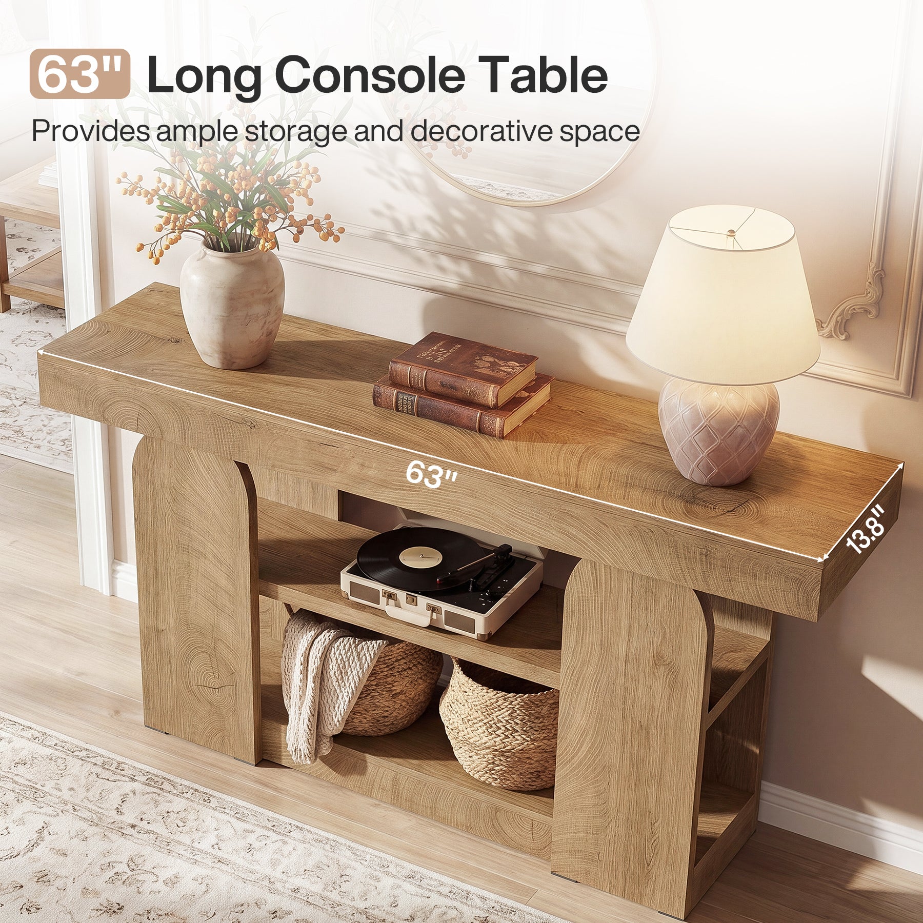 63" Farmhouse Console Table with Storage Shelves, 3-Tier Narrow Entryway Sofa Table for Hallway & Living Room