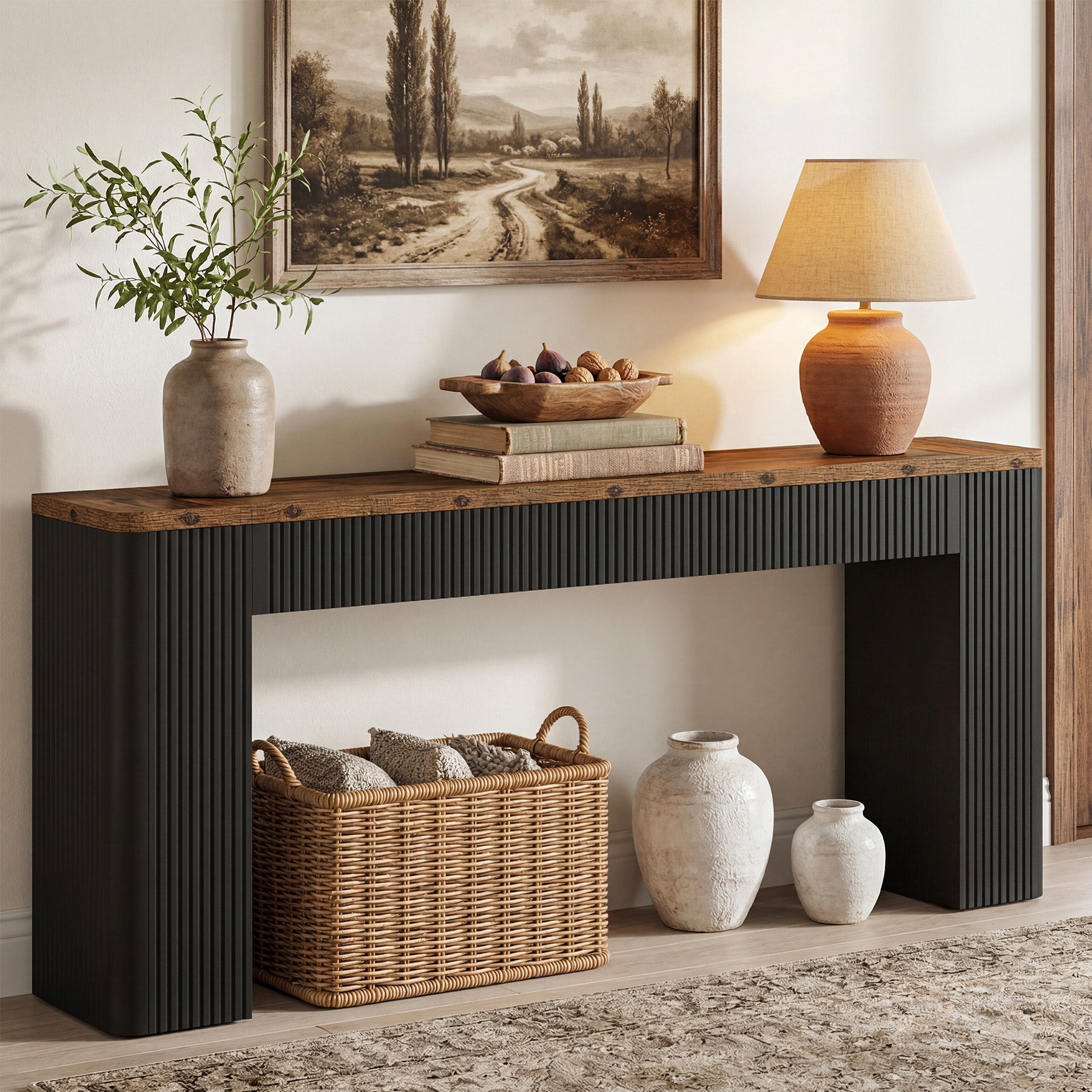 82.7" Long Console Table, Fluted Narrow Sofa Table Entryway Table with Curved Edges