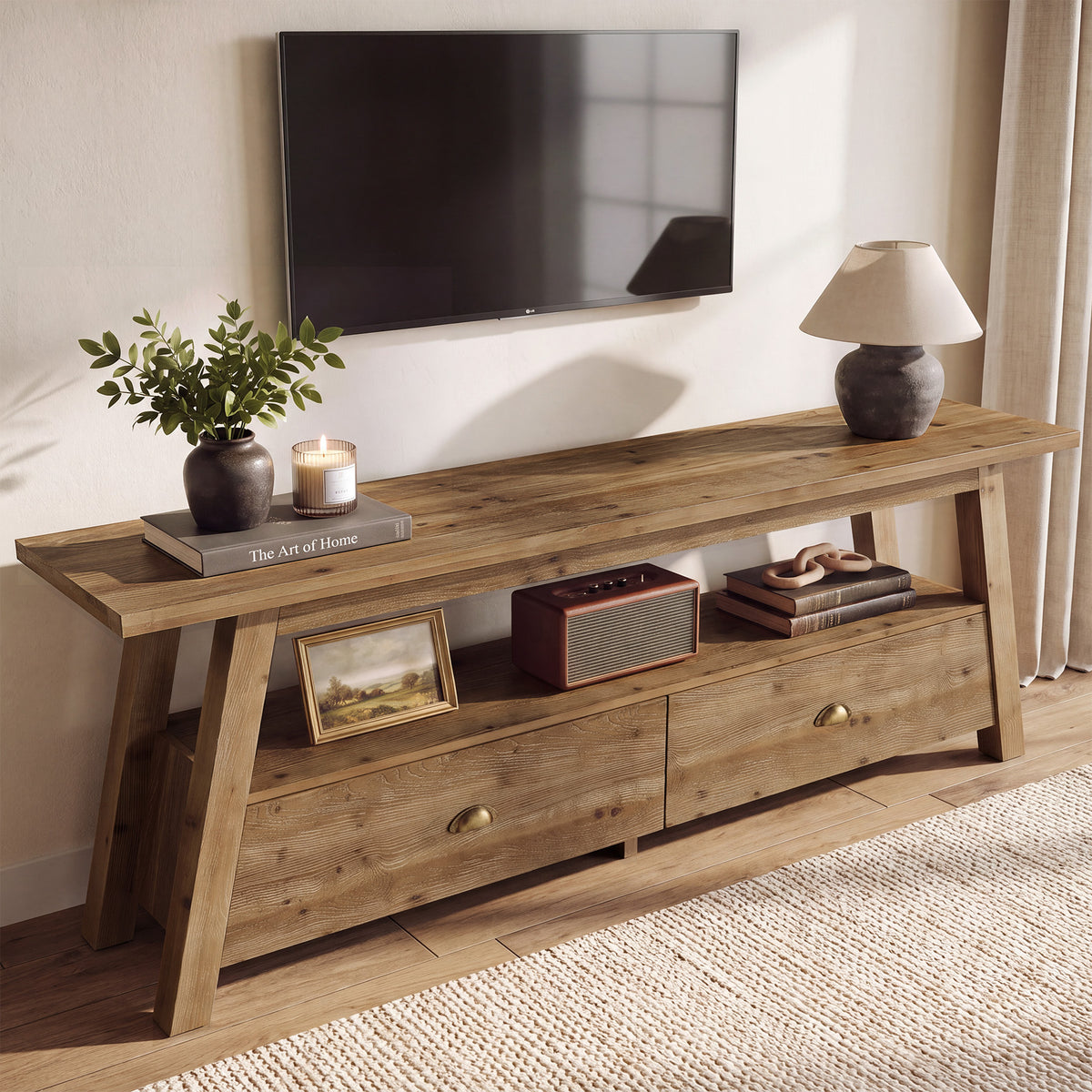 63" TV Stand for TVs Up to 70", Solid Wood 2-Tier Media Console with Drawers