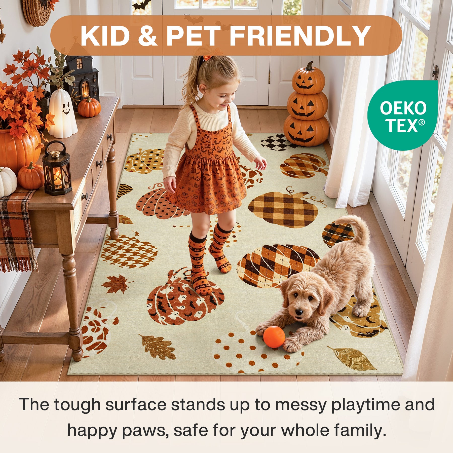 Multiple Sizes Fall Pumpkin Area Rug, Rectangular Washable Non-Slip Halloween Farmhouse Runner Rug