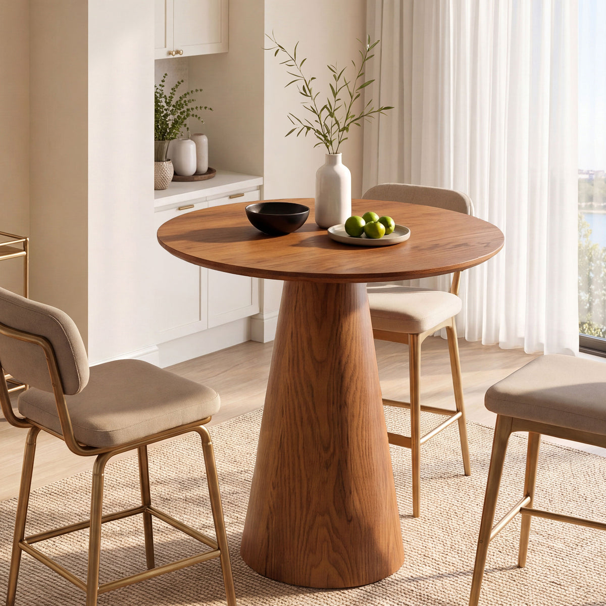 39" H Solid Wood Bar Table, Round Pedestal Height Pub Table for Dining, Easy Assembly
