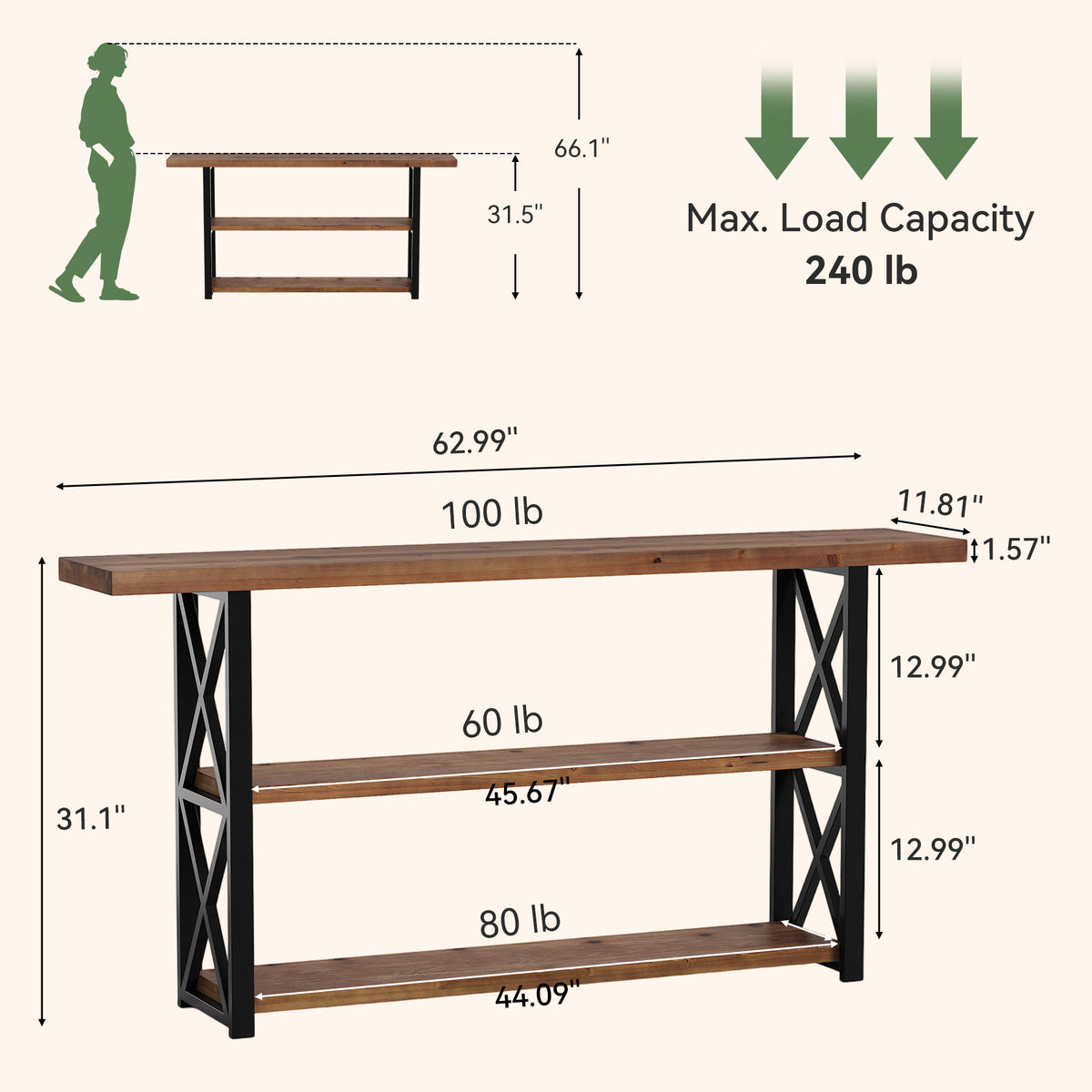 63" Solid Wood Console Table, 3-Tier Narrow Behind Couch Sofa Table, Entryway