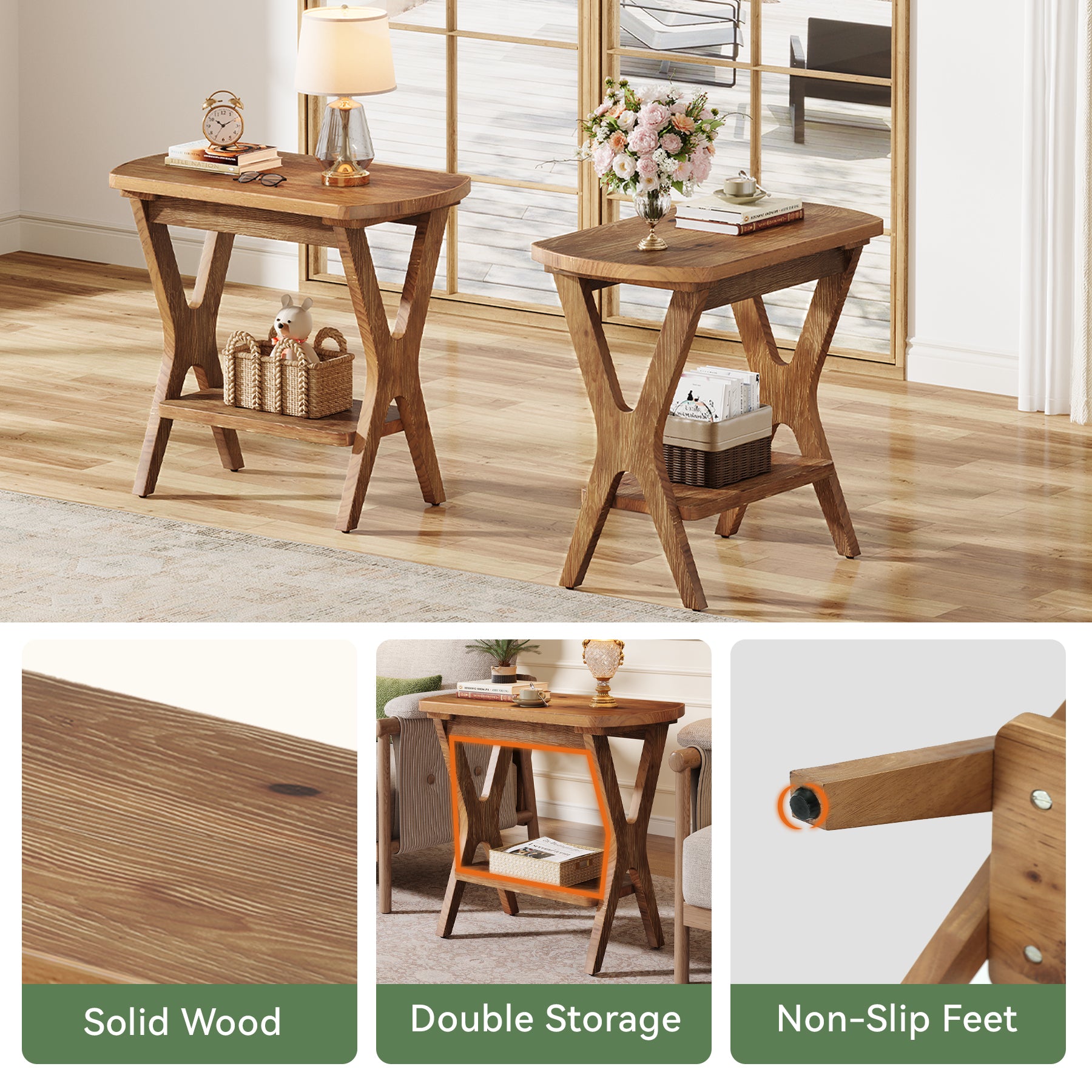 Solid Wood Side Table, 2-Tier End Table Nightstand with Storage for Living Room