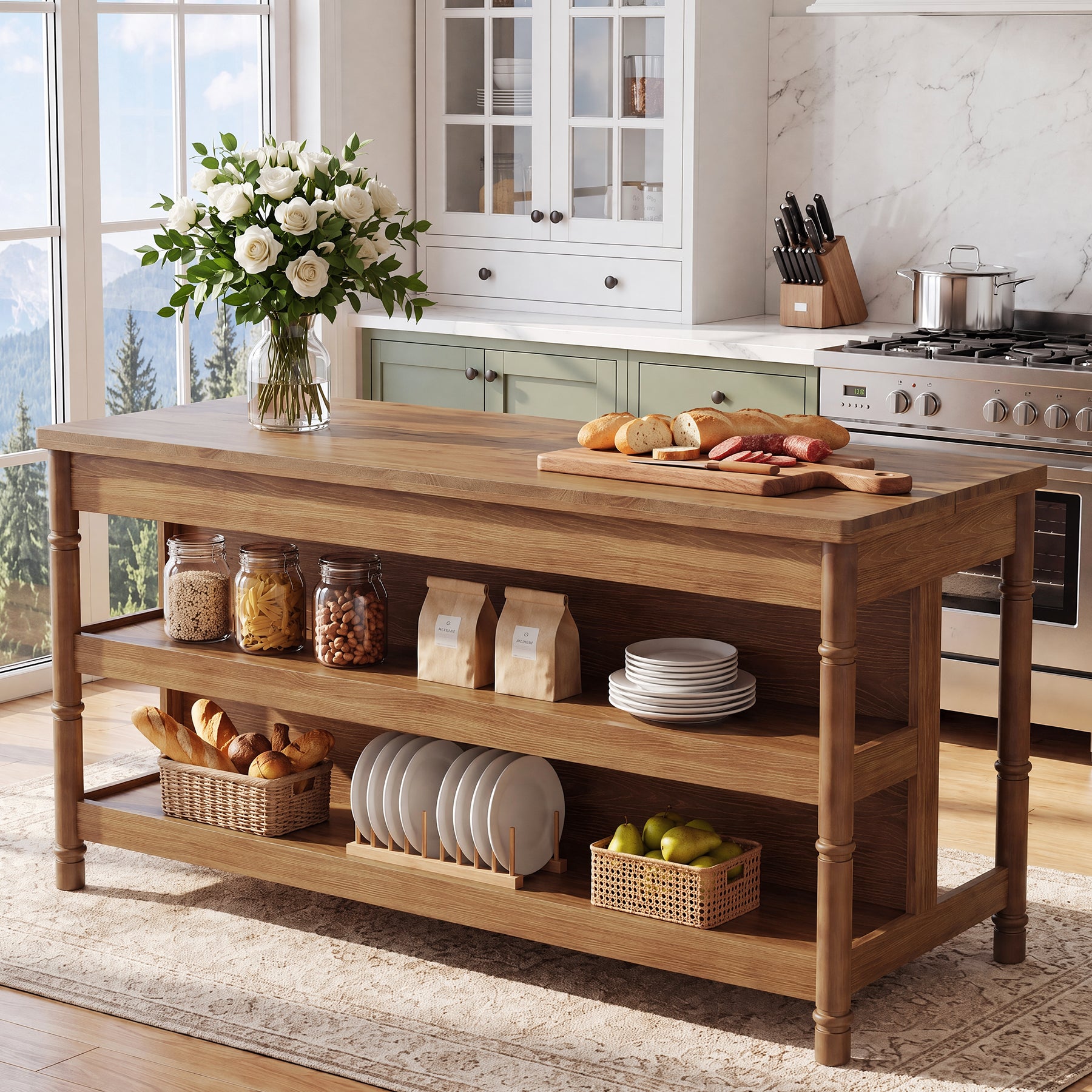 63" Kitchen Island Table with Storage & Seating, Farmhouse Wood Island with 3-Tier Shelves