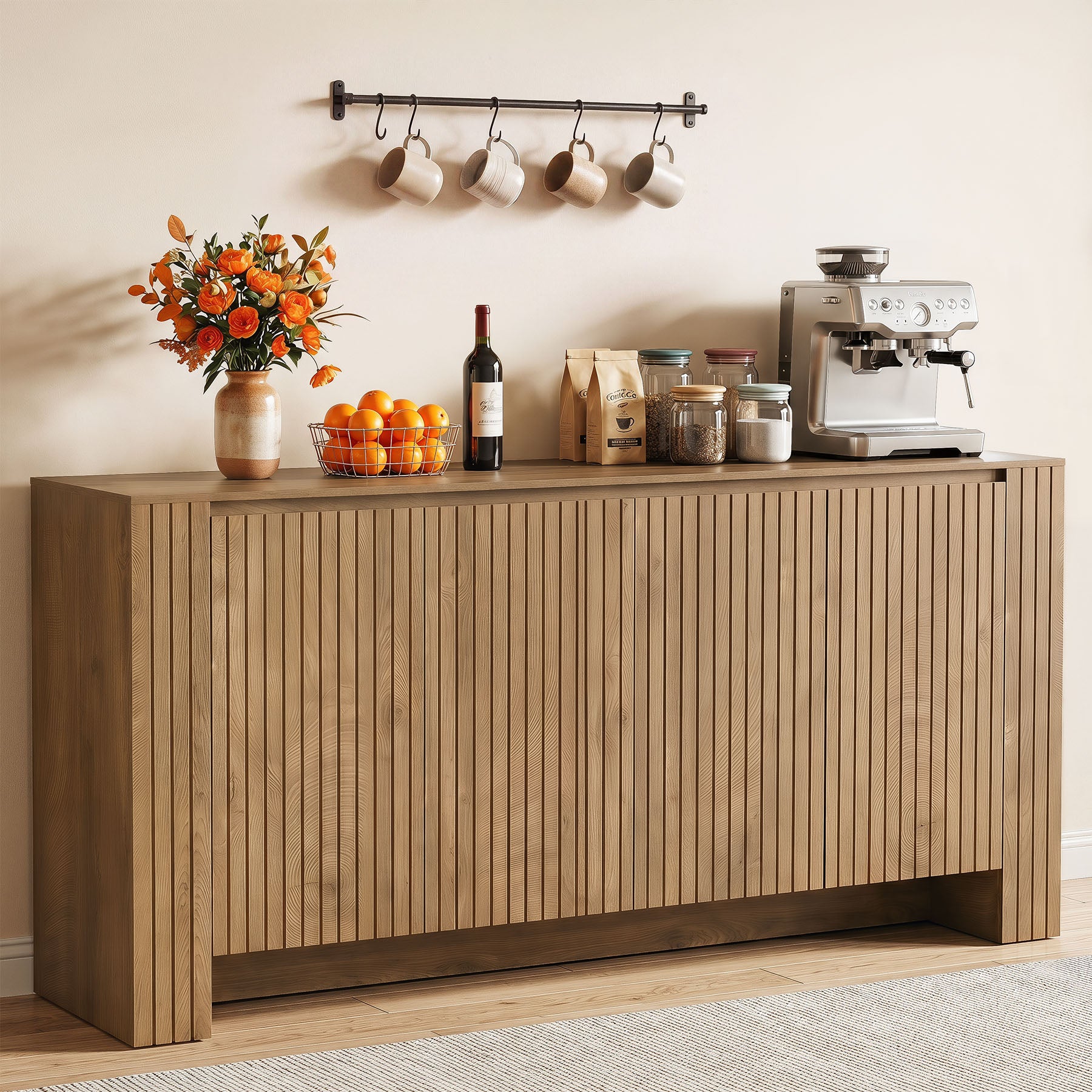 63" Fluted Sideboard Buffet Cabinet with Storage, Modern Coffee Bar Cabinet with Adjustable Shelves