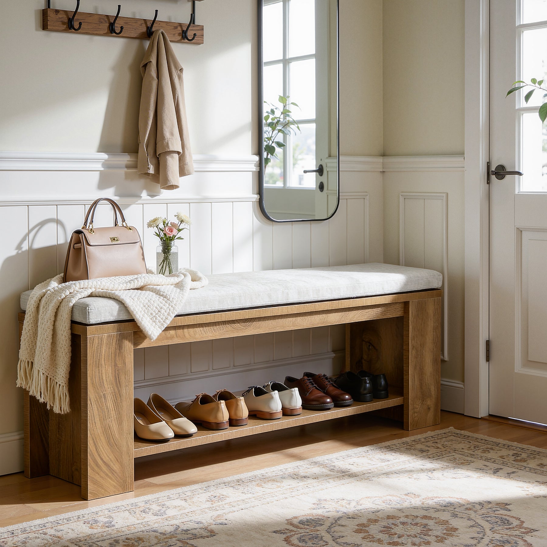 47" Upholstered Entryway Bench, Indoor End of Bed Bench with Padded Seat