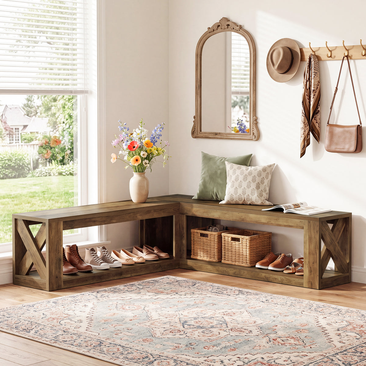 61" L-Shaped Entryway Bench, 2-Tier Corner Bench with Storage Shelf for Living Room