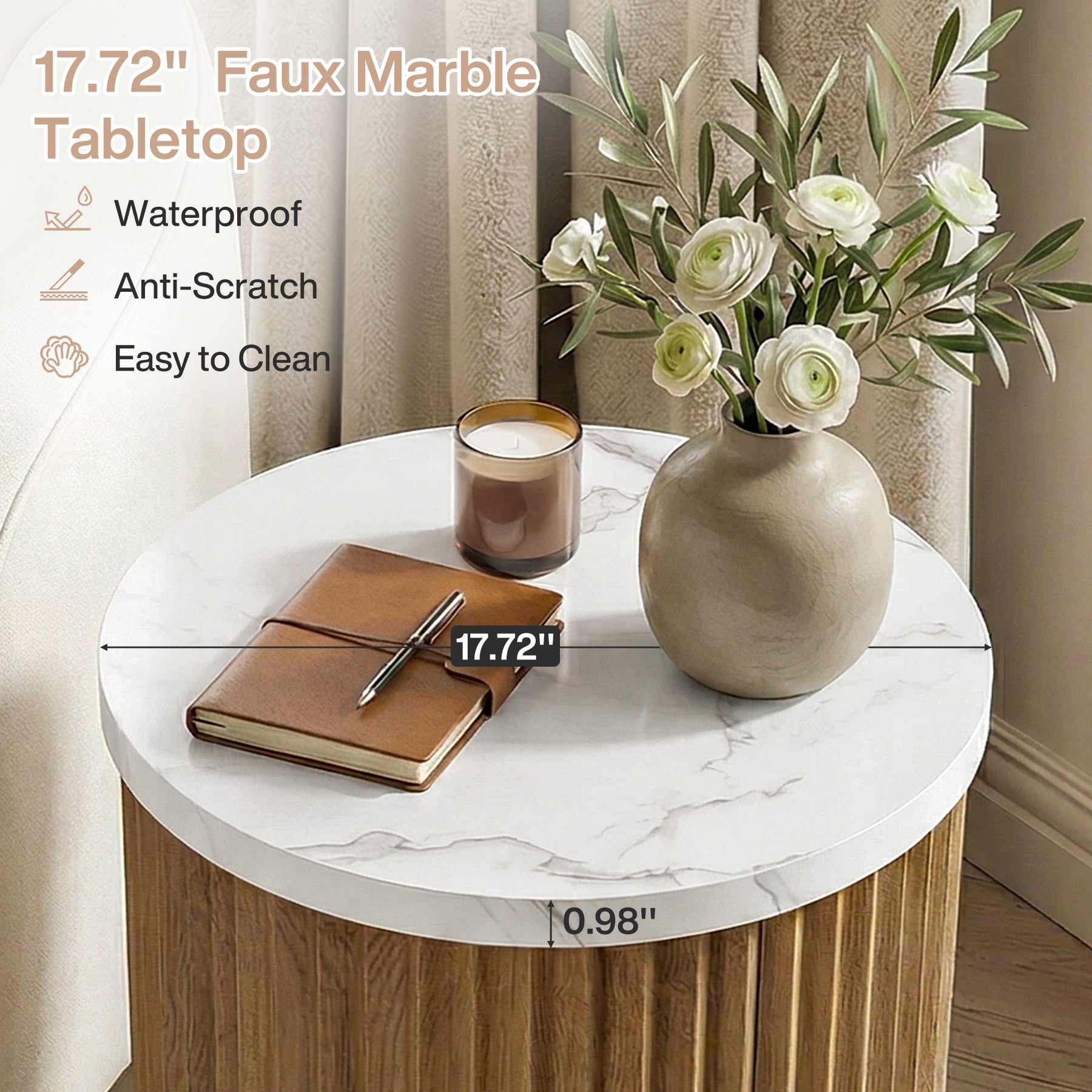 Round Nightstand, 23.6" Bedside Table with Faux Marble Tabletop & Fluted Base