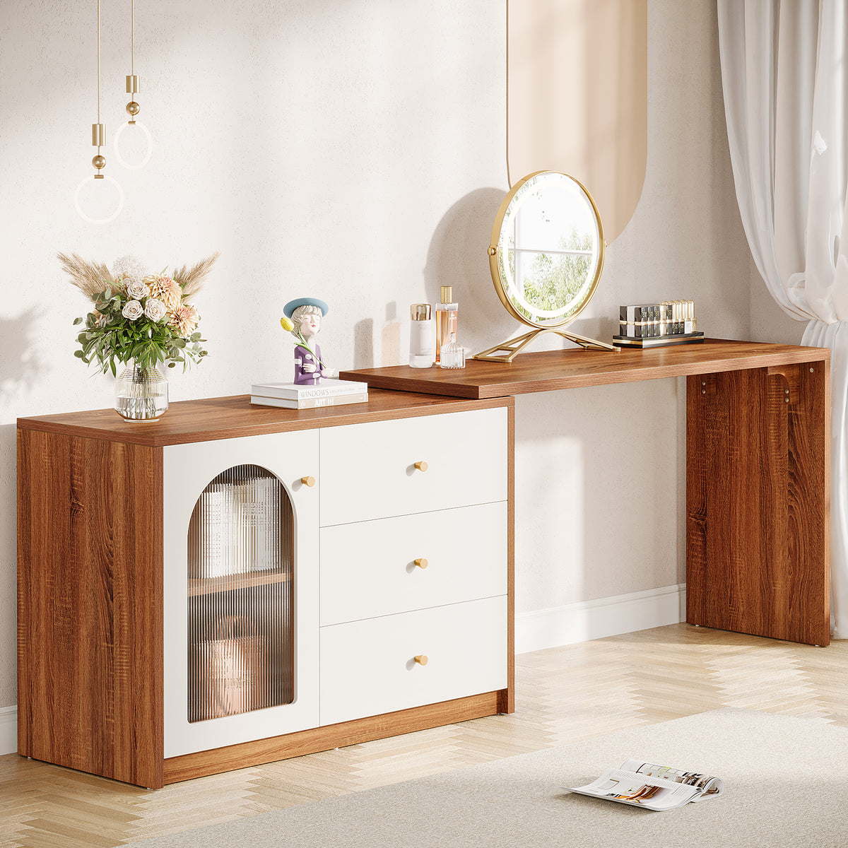 Modern Makeup Vanity, Dressing Table with 3 Drawers and Cabinet, Rustic Brown