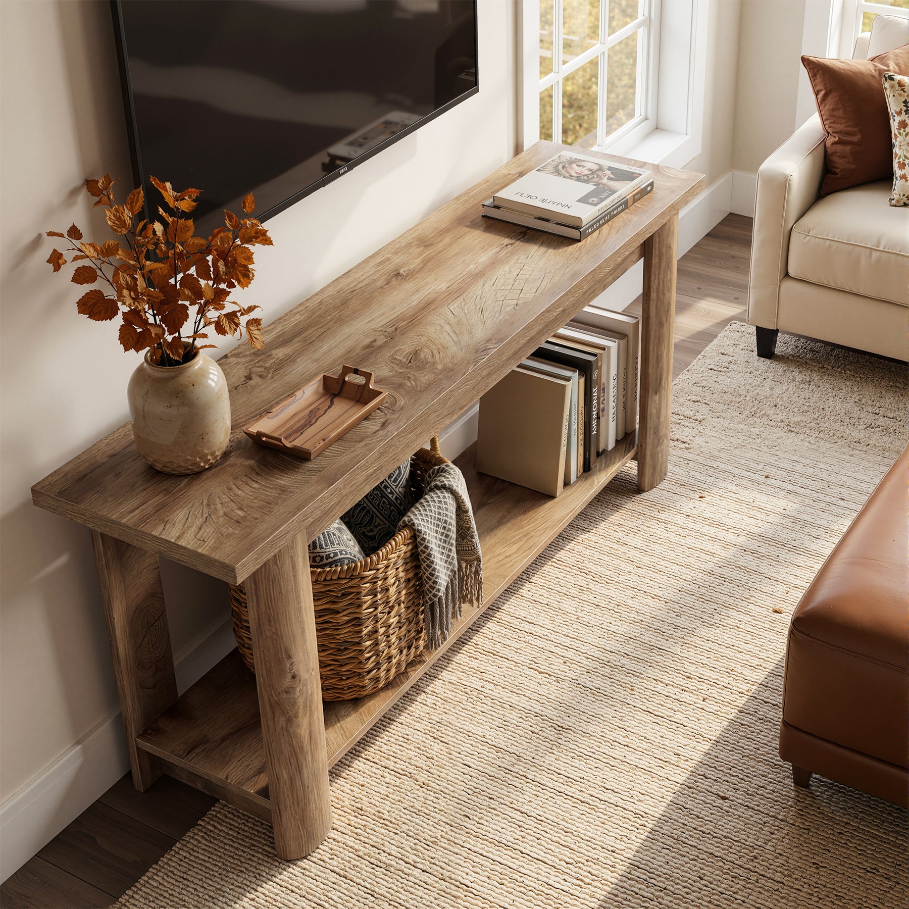 Farmhouse TV Stand for up to 65" TVs, Rustic Entertainment Center with 2-Tier Open Storage